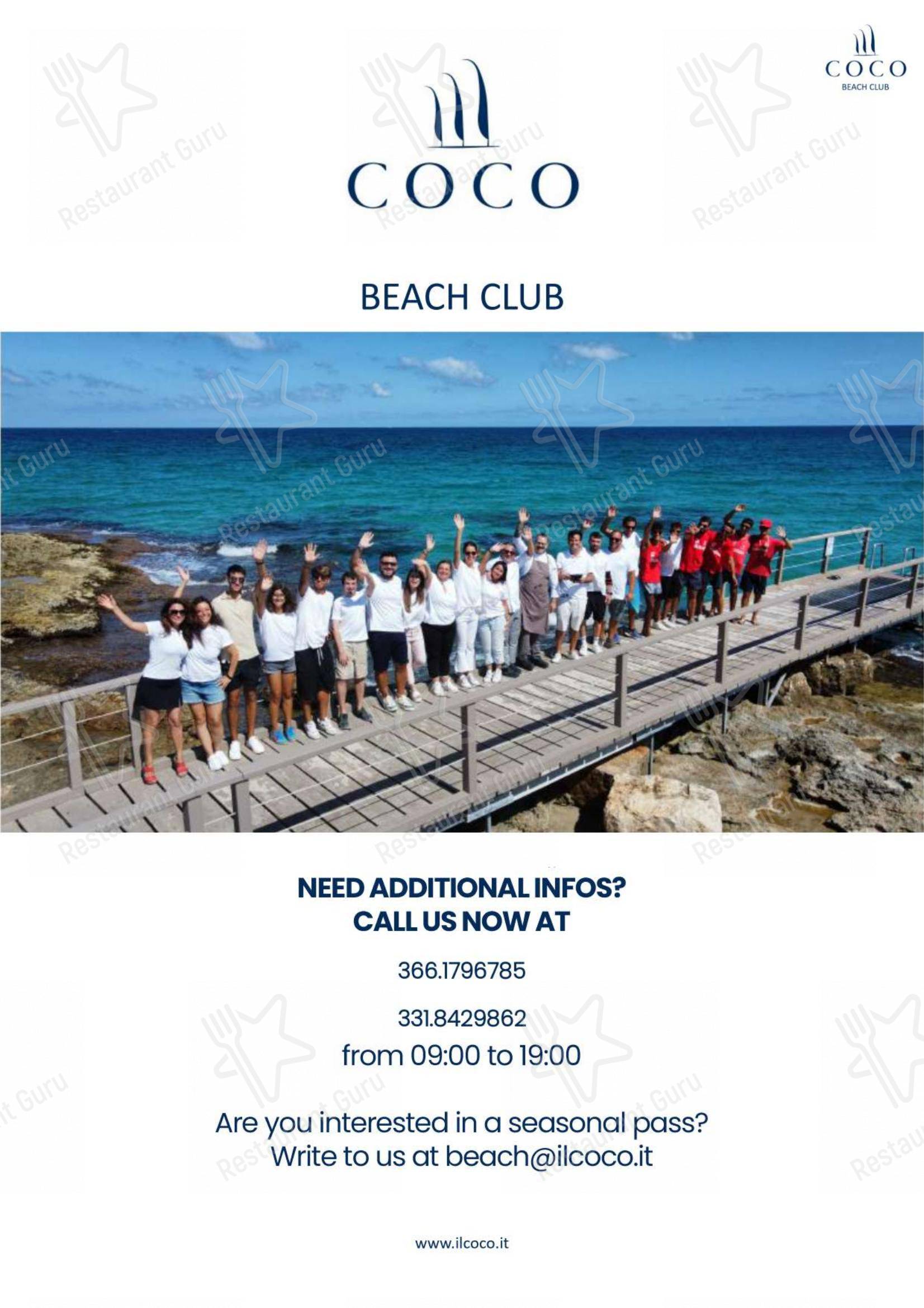 Menu per COCO - Beach, Wedding & Lifestyle pub & bar