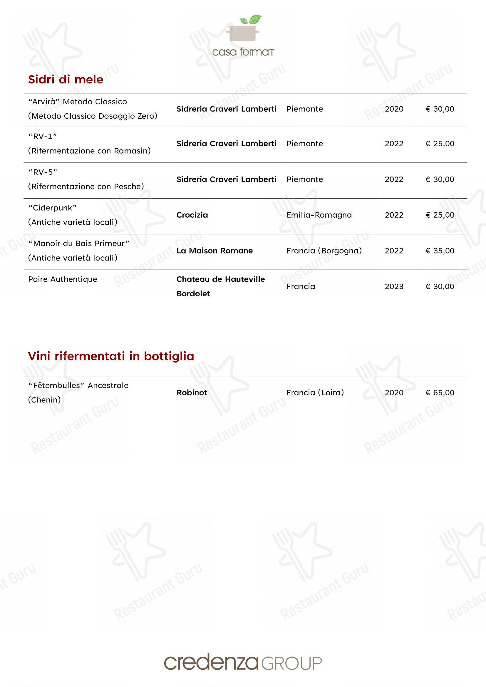Menu di Ristorante Casa Format, cucina e ospitalità responsabile - Menu