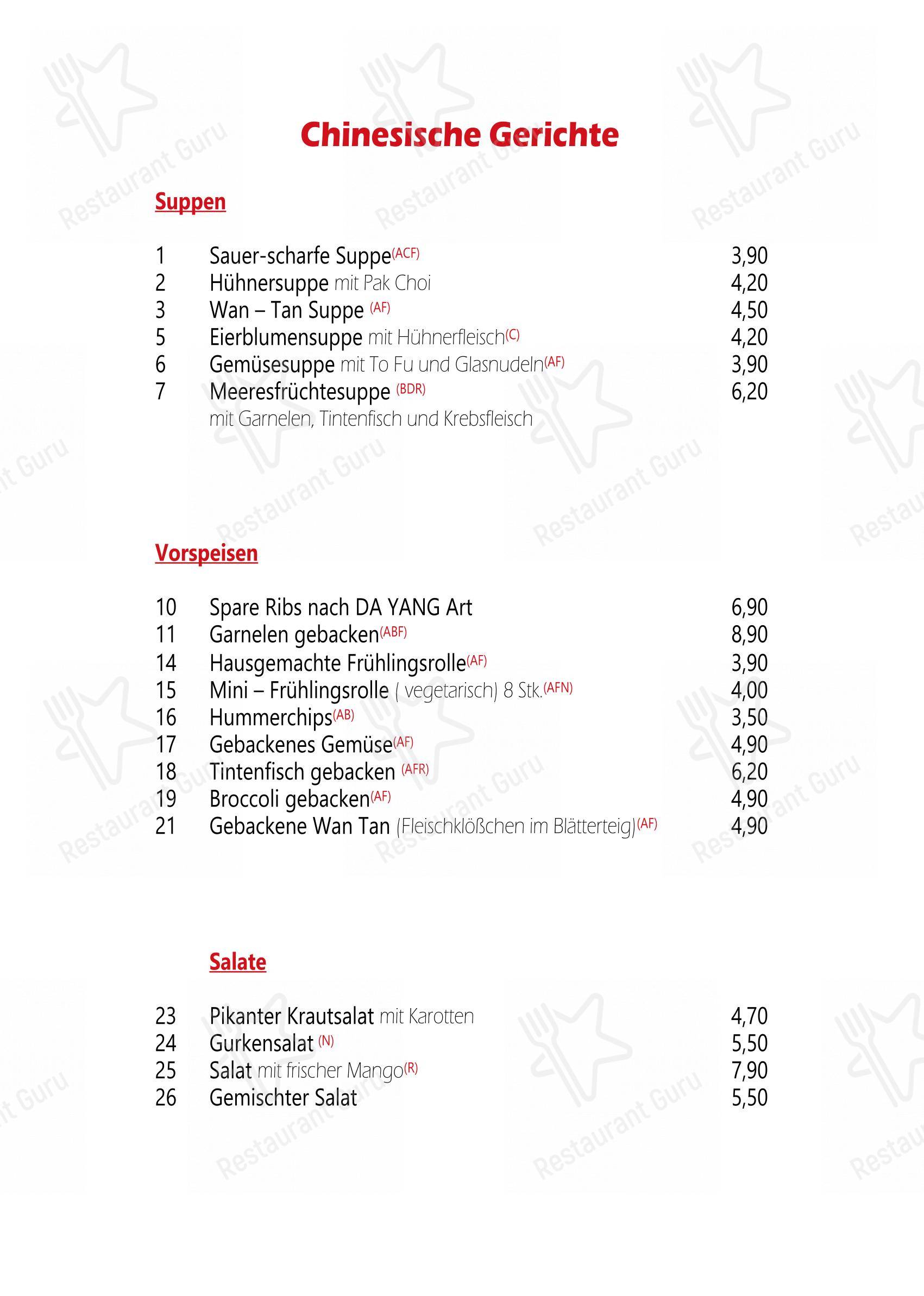 Menu pour Da Yang restaurant