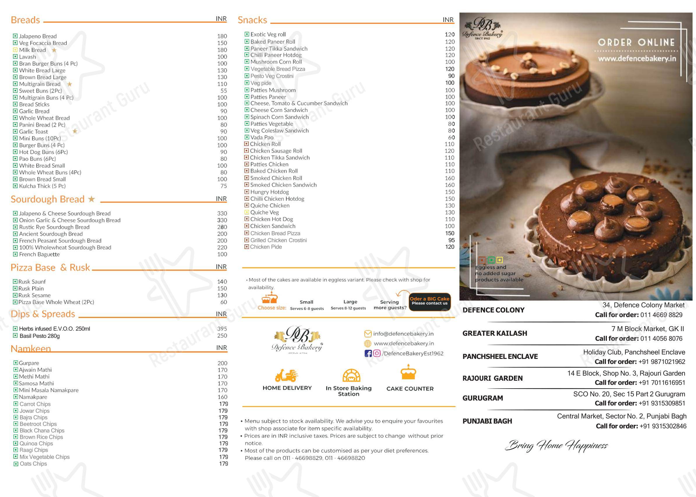 Defence Bakery SINCE 1962 GK2 MBlock in New Delhi - Menu bar