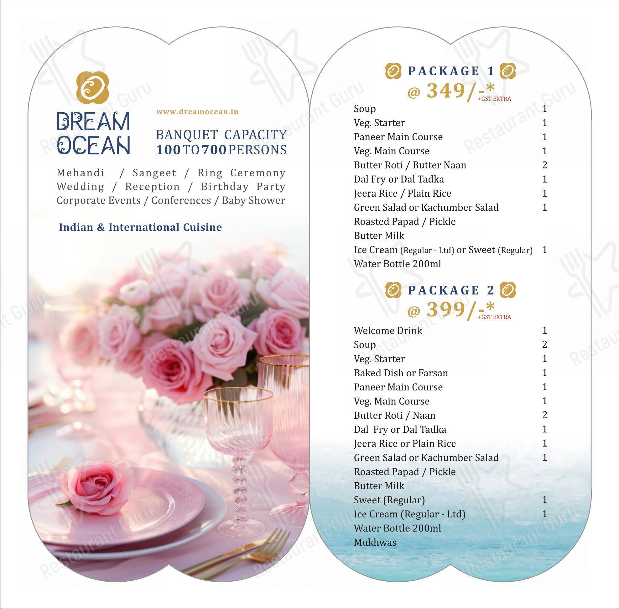 Menu bar for the Dream Ocean banquet and restaurant restaurant