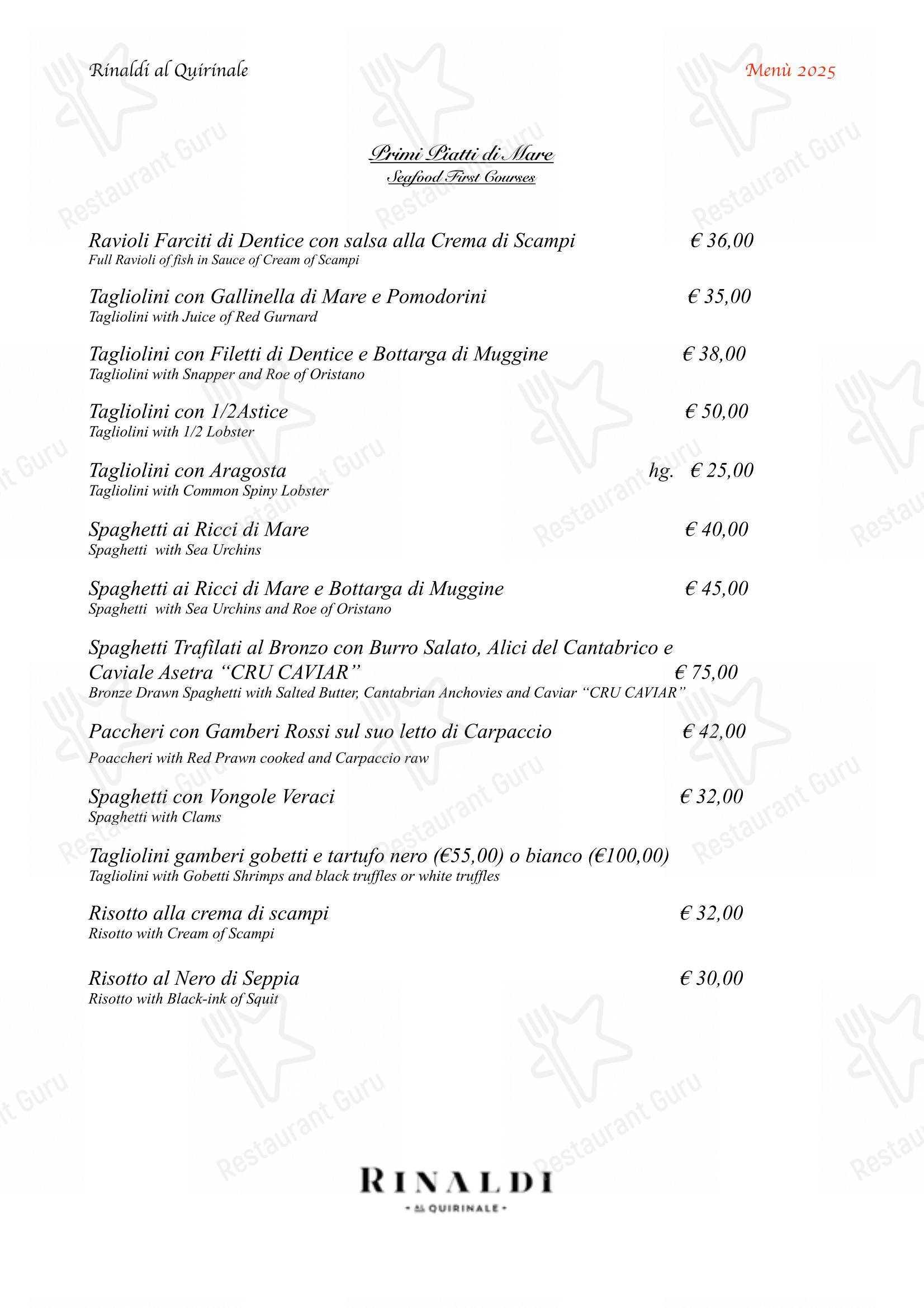 Menu per Il Ristorante Rinaldi Al Quirinale in Roma
