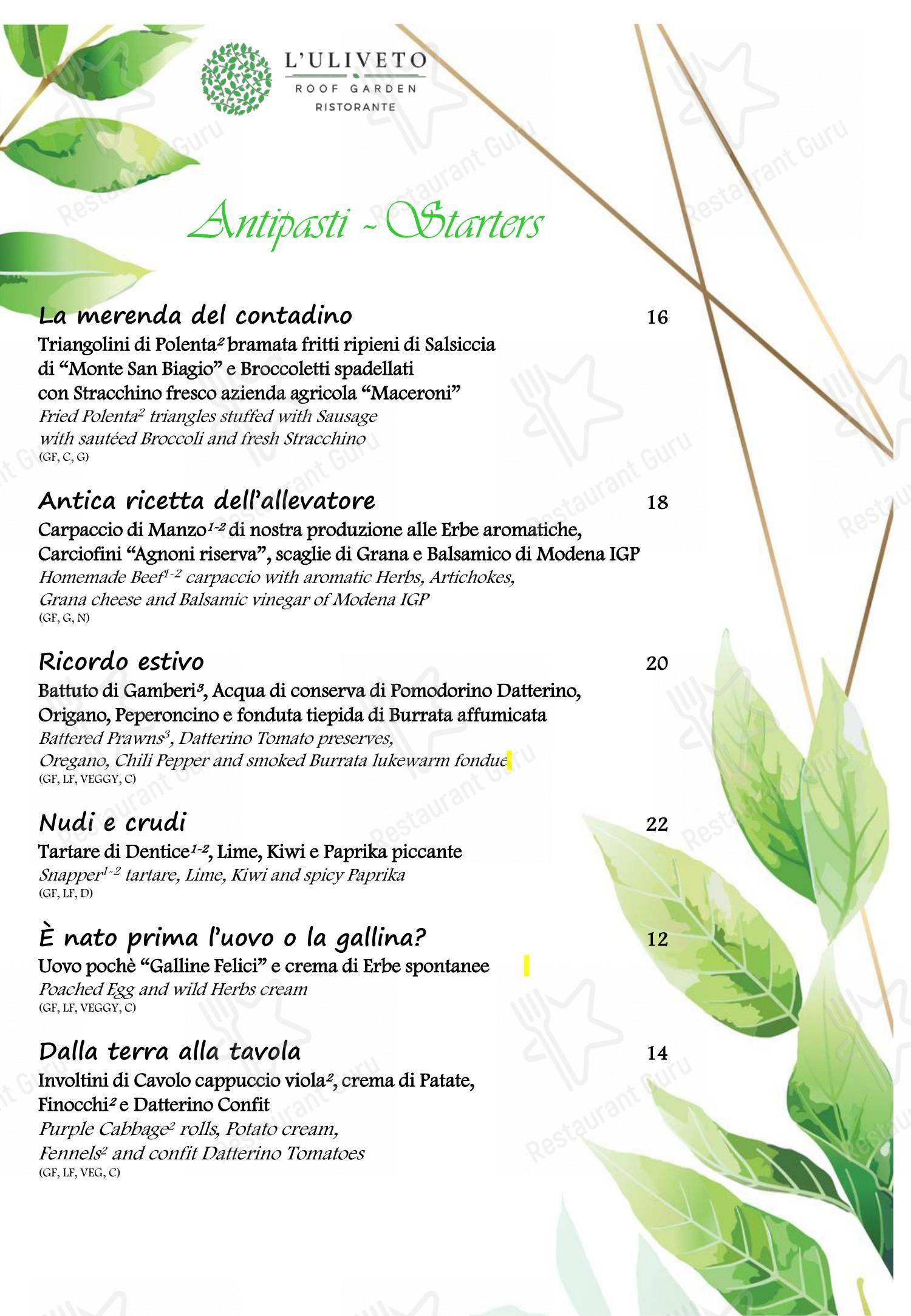 Menu per L'Uliveto Roof Garden - Ristorante panoramico in Roma
