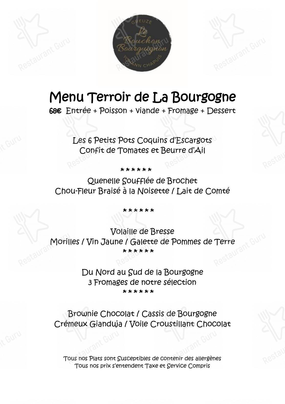 Dinner Menu pour Maison Greuze Le Bouchon Bourguignon restaurant