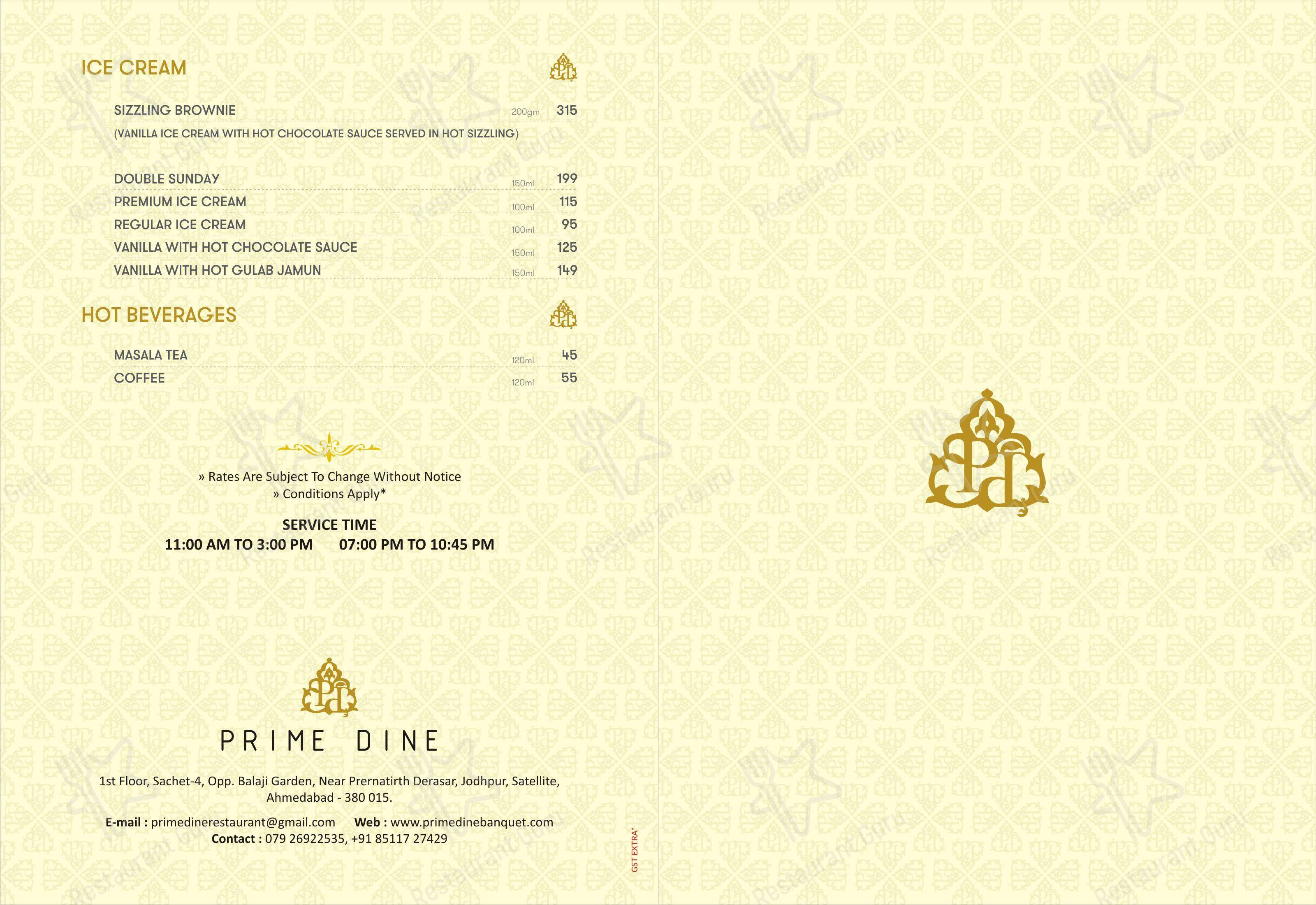 Menu for the Prime Dine Restaurant restaurant