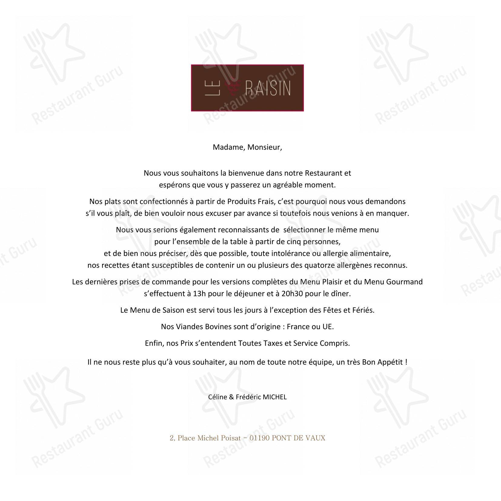 Menu bar pour Restaurant LE RAISIN restaurant
