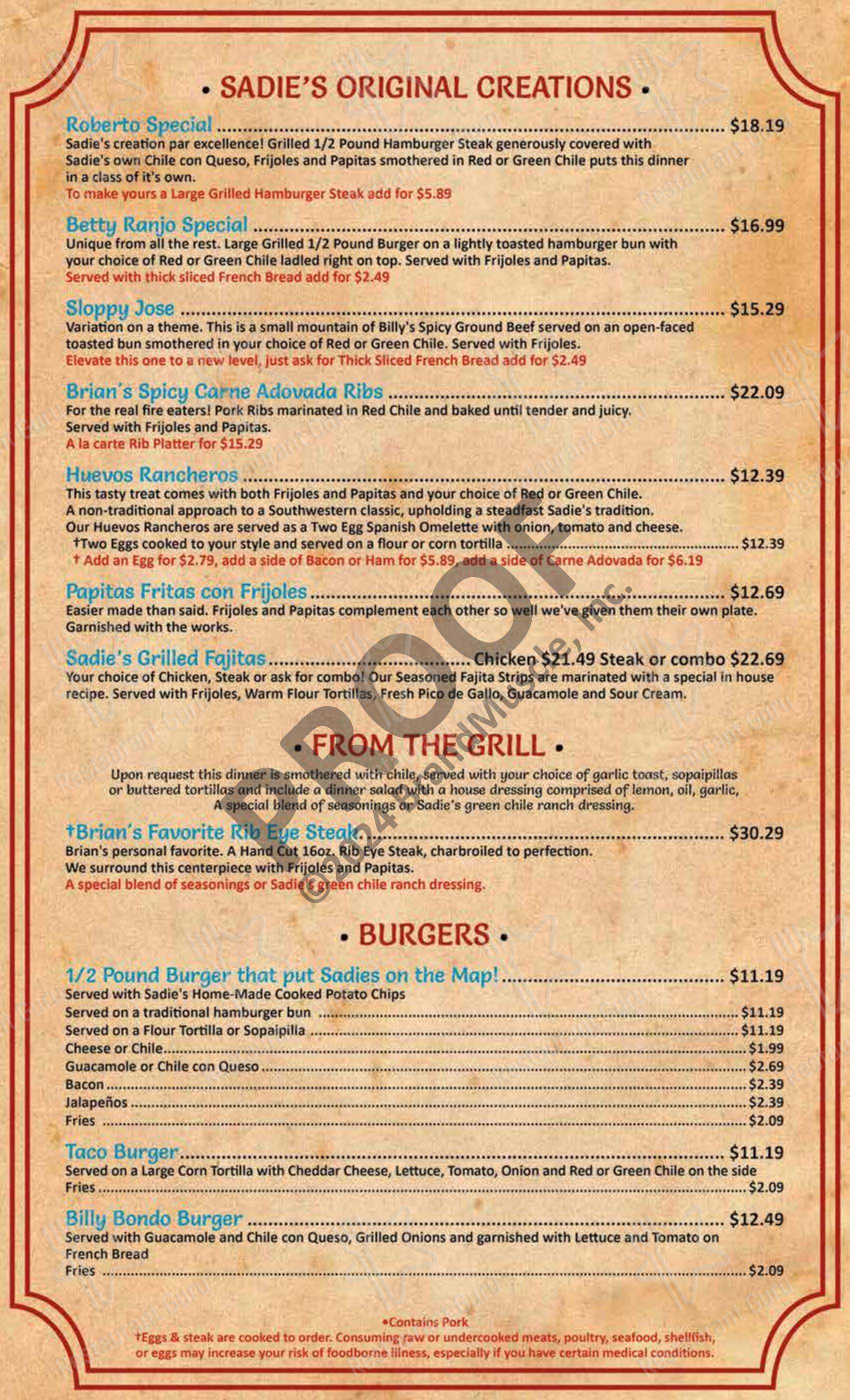 Menu at Sadie's of New Mexico restaurant, Los Ranchos de Albuquerque ...