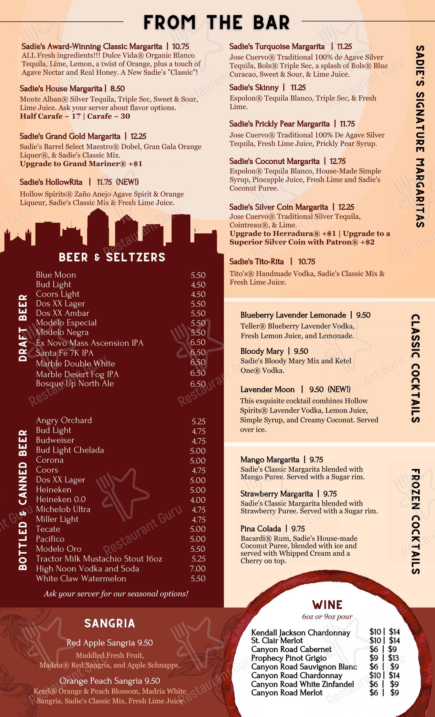 Menu at Sadie's of New Mexico restaurant, Los Ranchos de Albuquerque ...