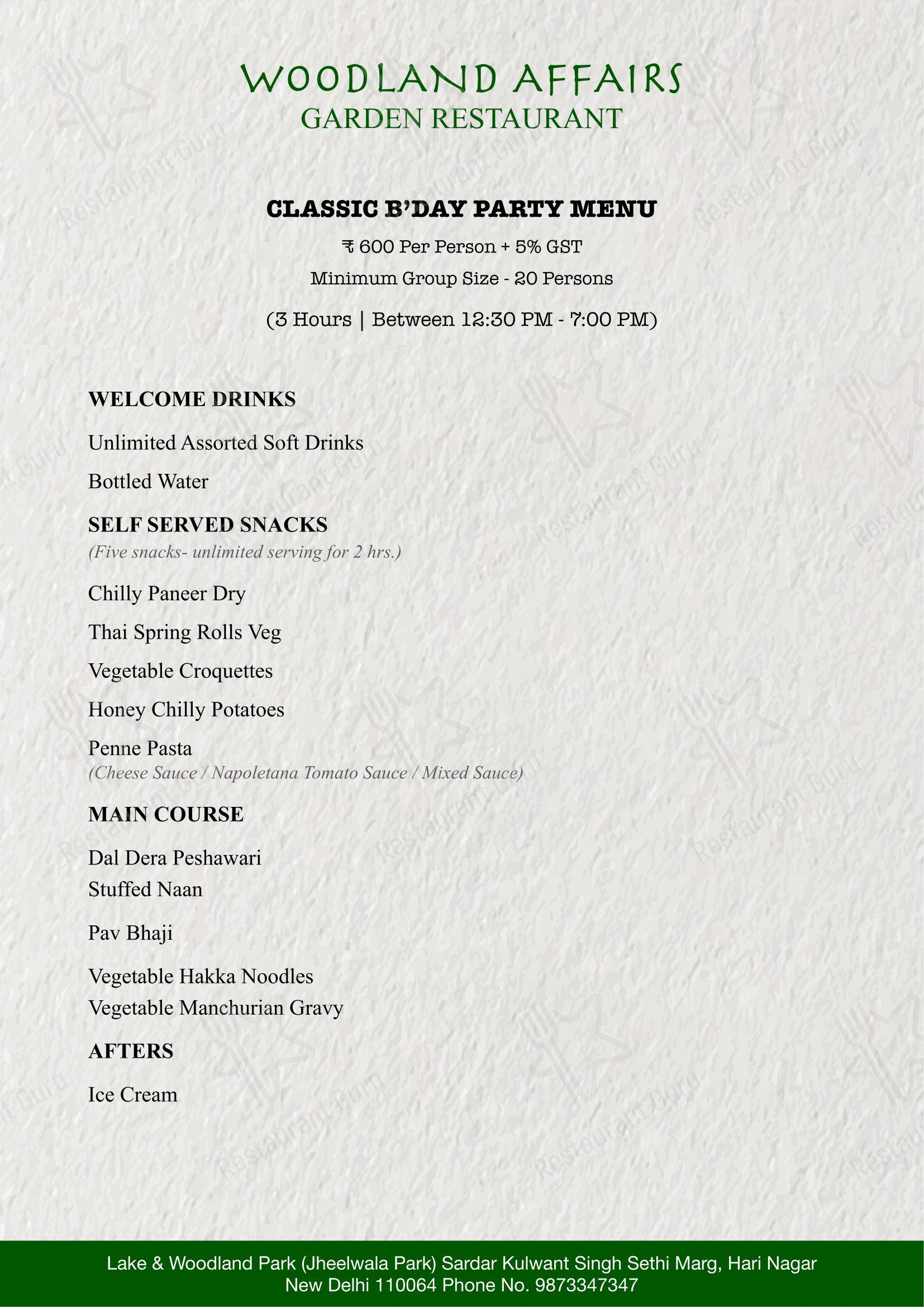 Woodland Affairs in New Delhi - Lunch menu