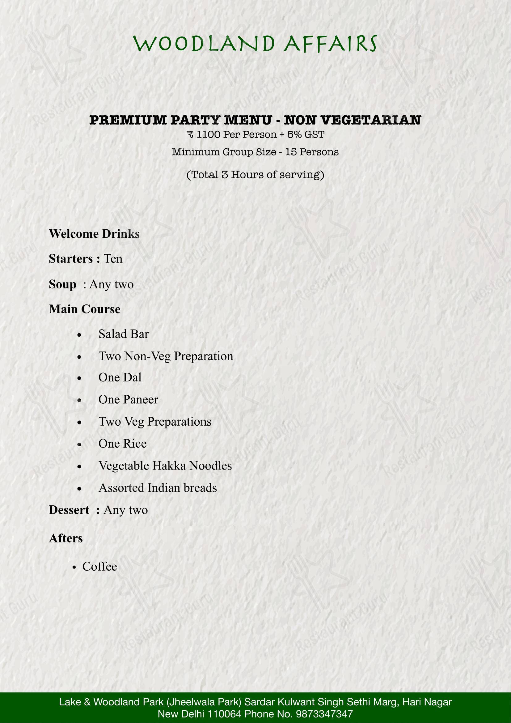 Menu for the Woodland Affairs restaurant