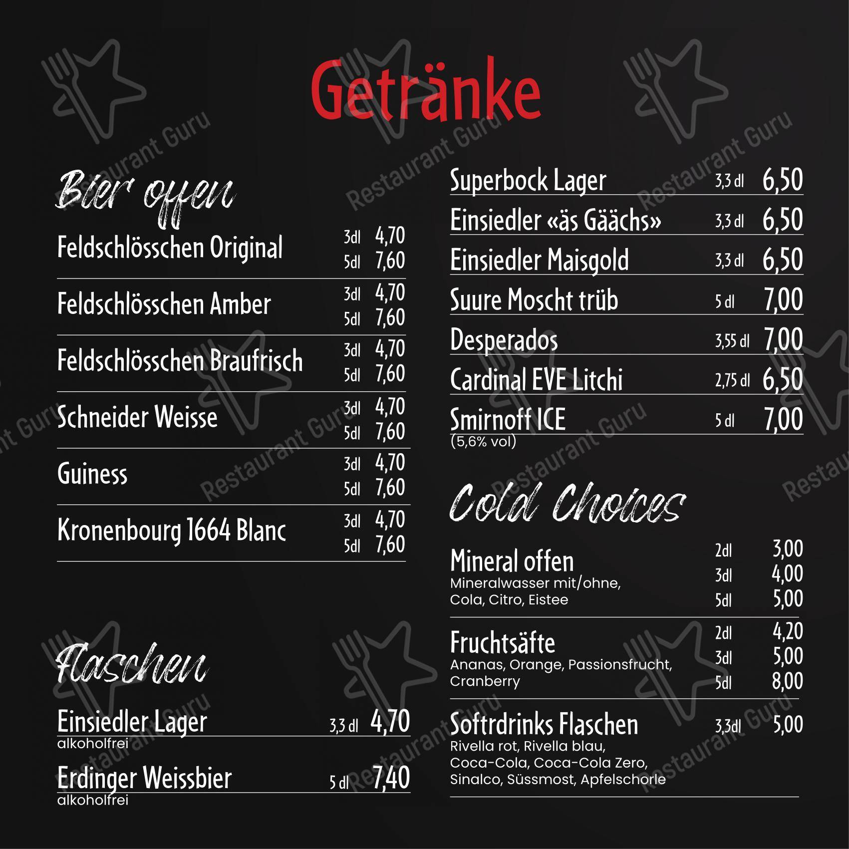 Menu bar per Zofinger Stadtkeller in Zofingen