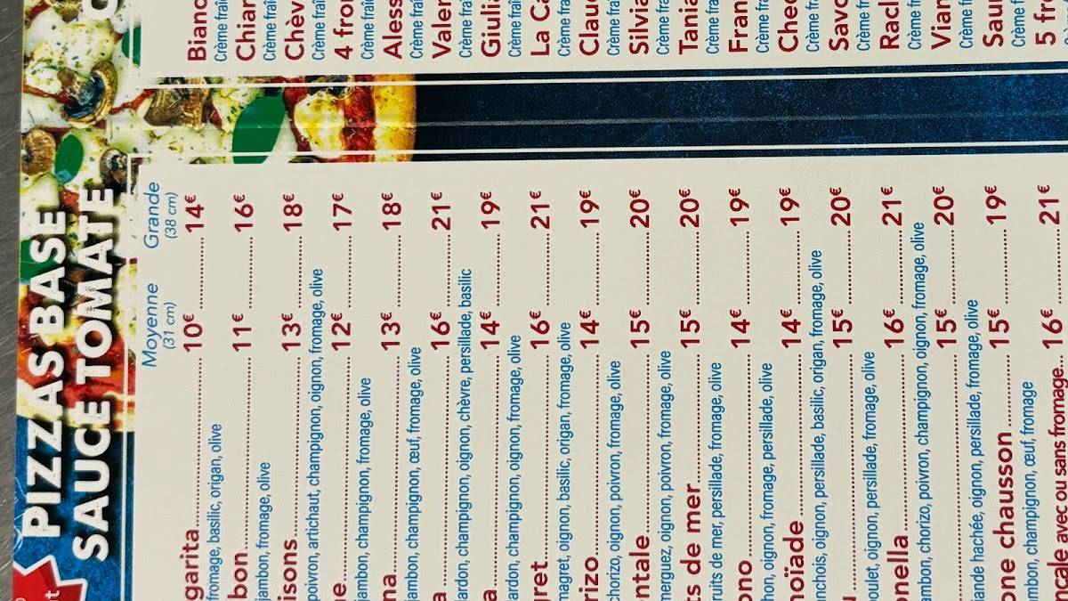 Menu de pizzeria EMILIO