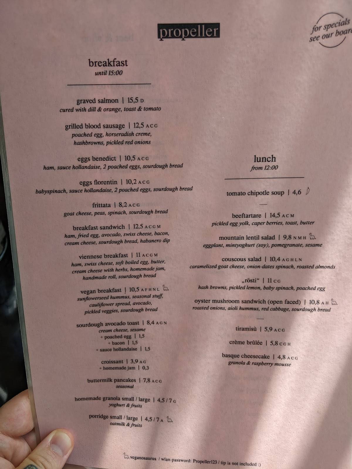 Speisekarte von Cafe Propeller, Wien