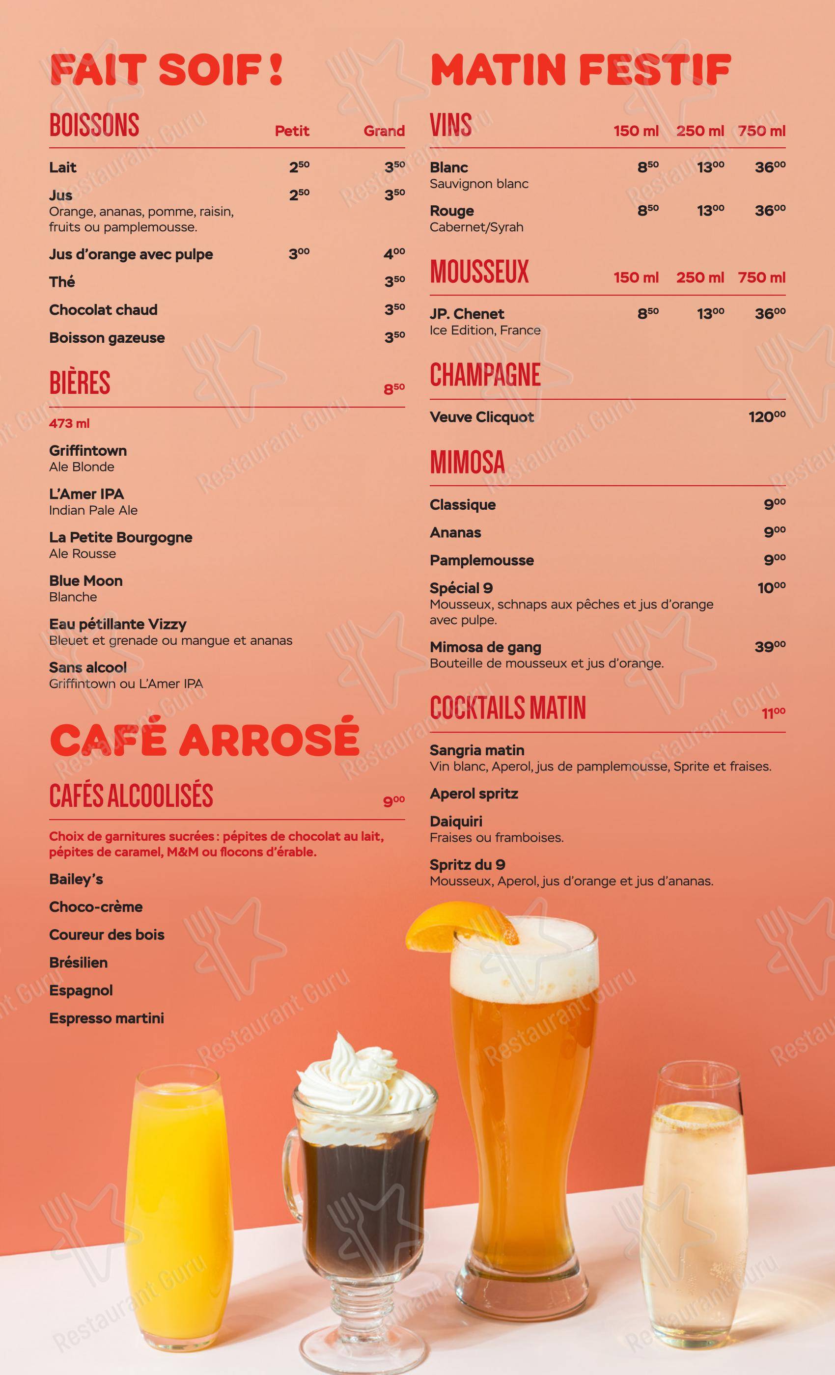 Menu pour 9 resto déjeuner - Menu bar