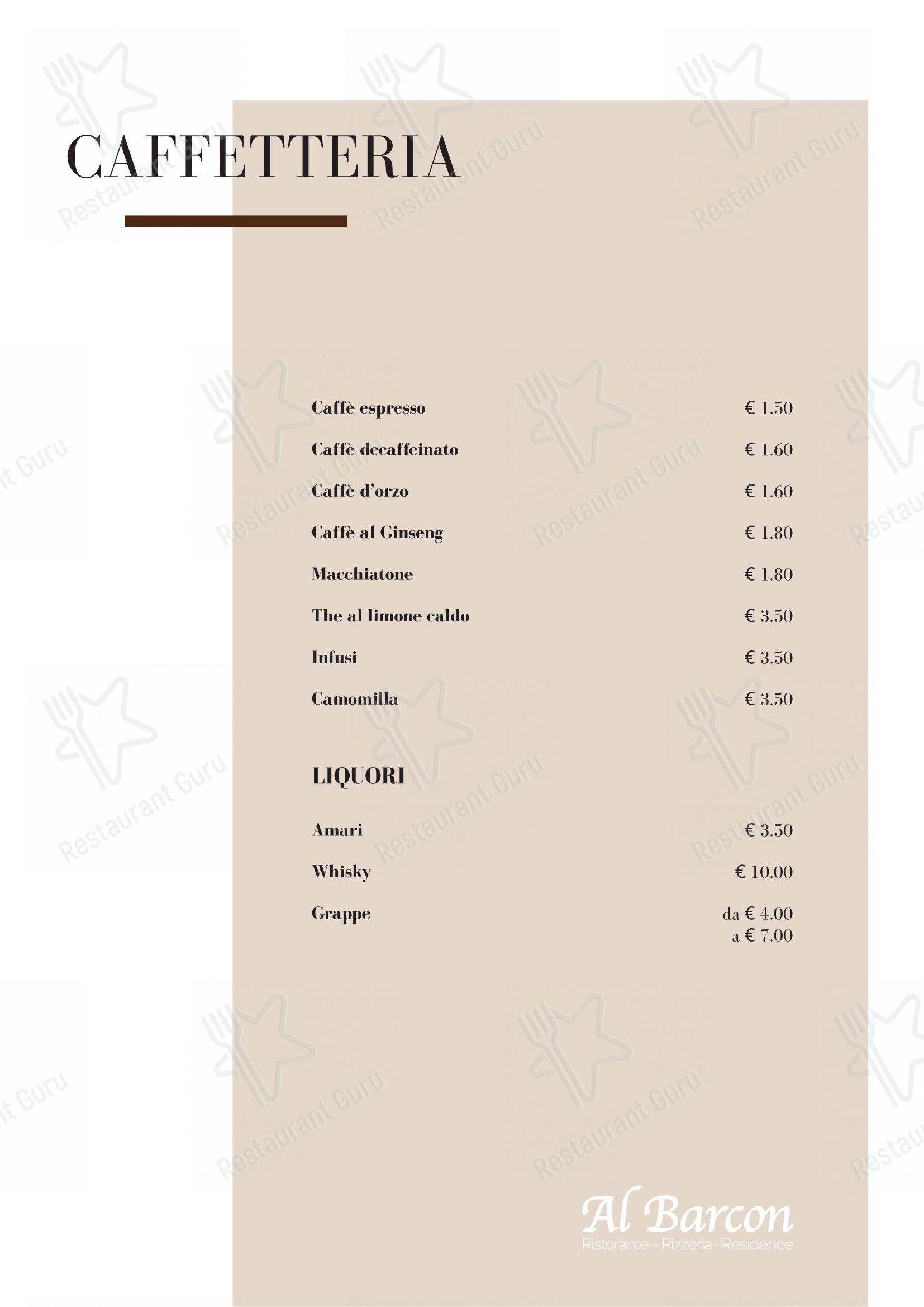 Menu bar per Al Barcon Ristorante-pizzeria e Residence in Sarcedo