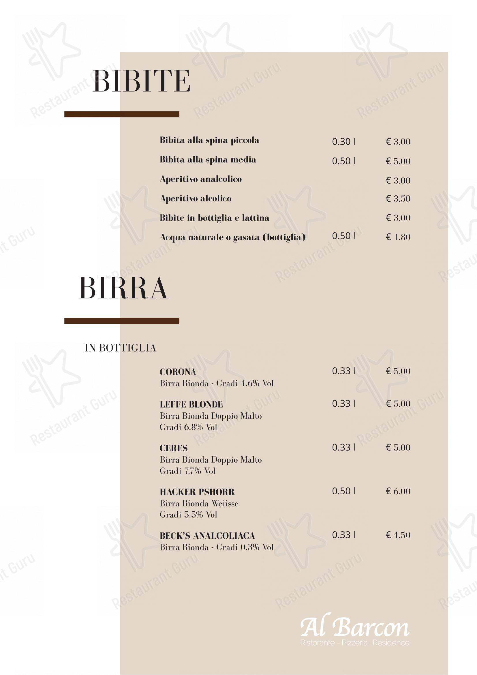 Menu bar per Al Barcon Ristorante-pizzeria e Residence ristorante