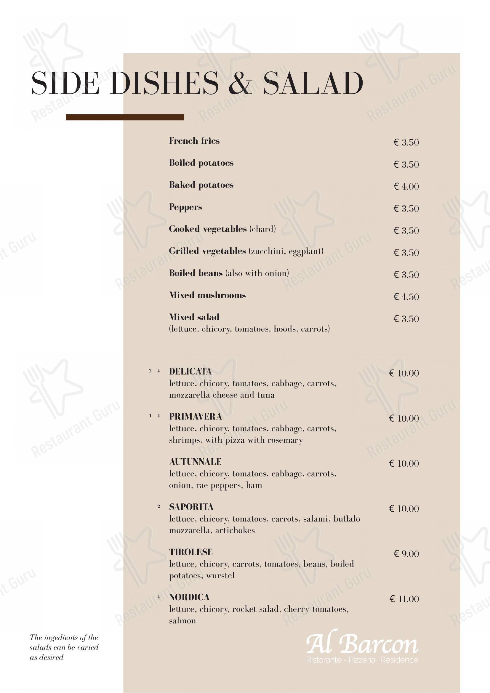 Al Barcon Ristorante-pizzeria e Residence in Sarcedo - Основное меню