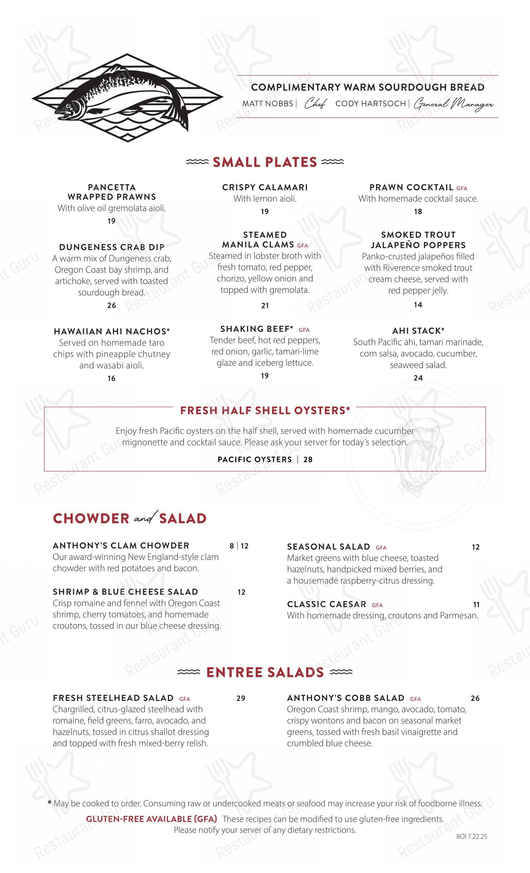 Menu at Anthony's At Point Defiance restaurant, Tacoma