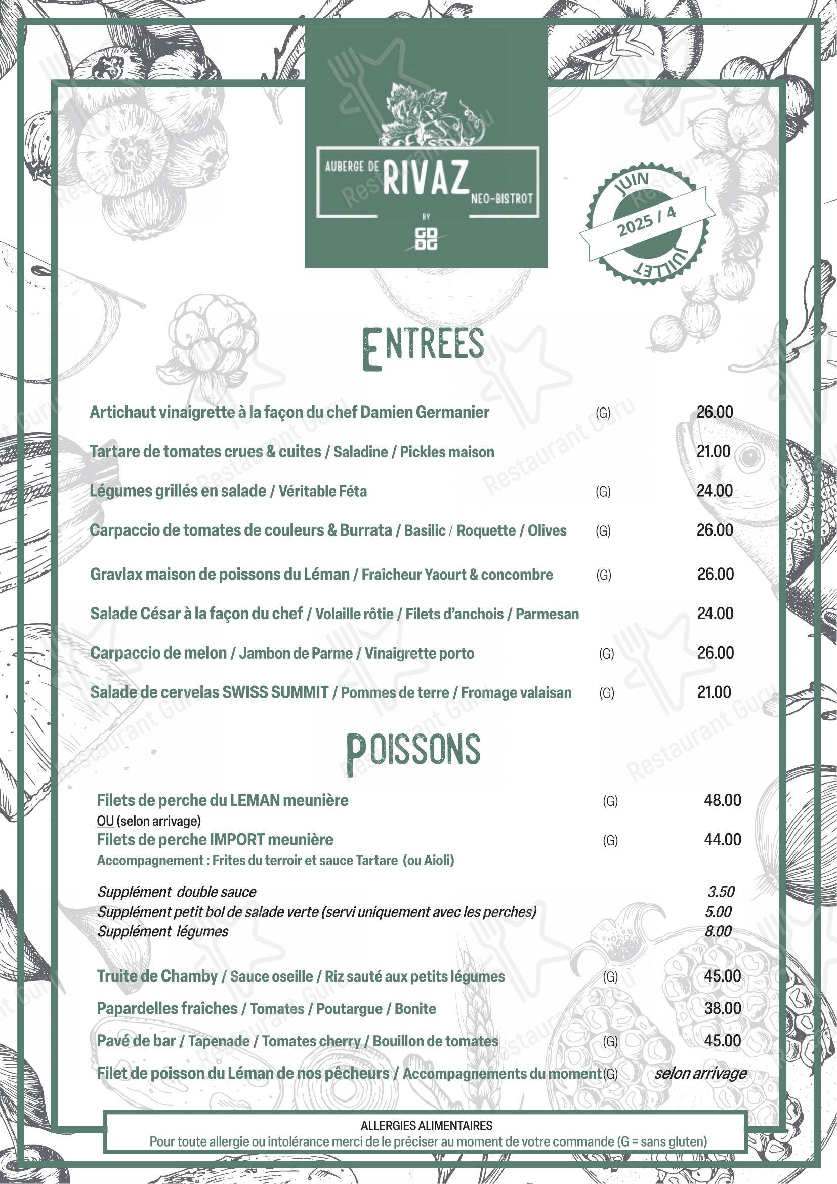 Auberge de Rivaz in Rivaz - Menu