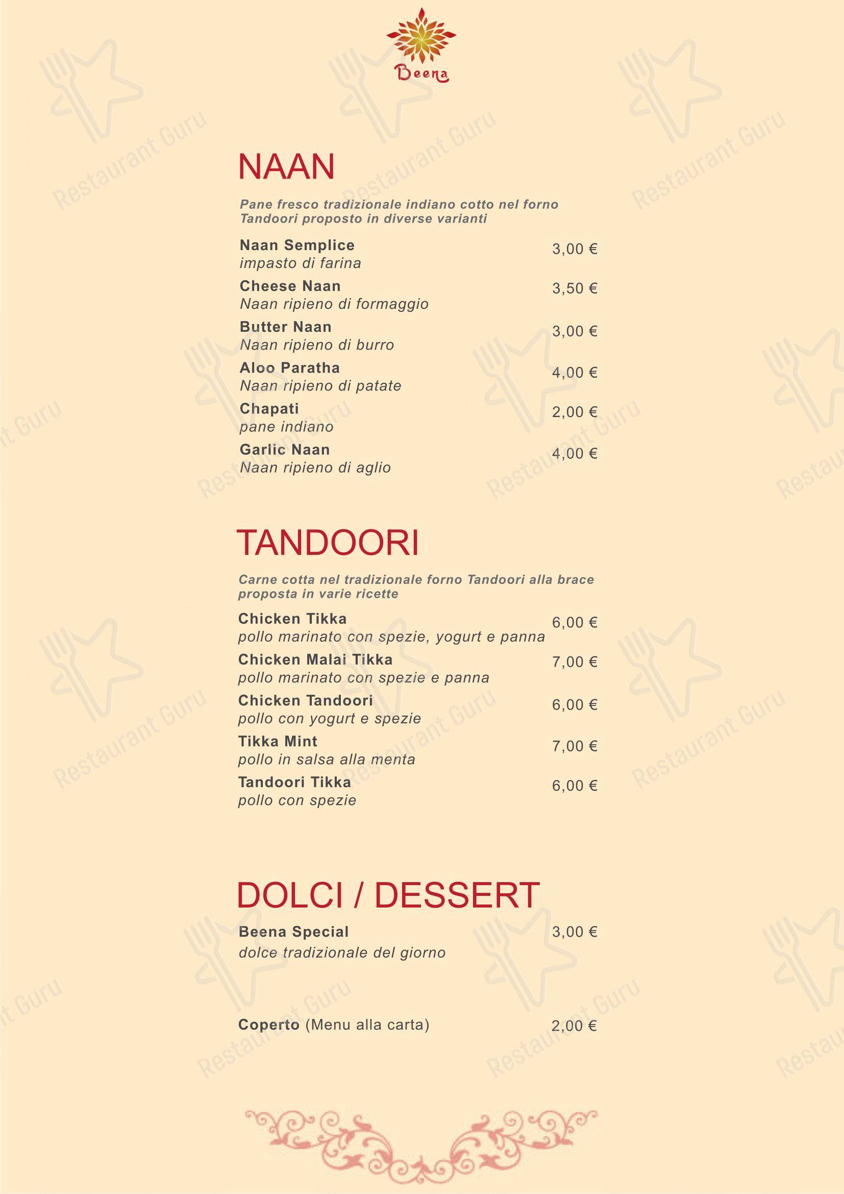 Menu per Beena Apericena Indiano ristorante