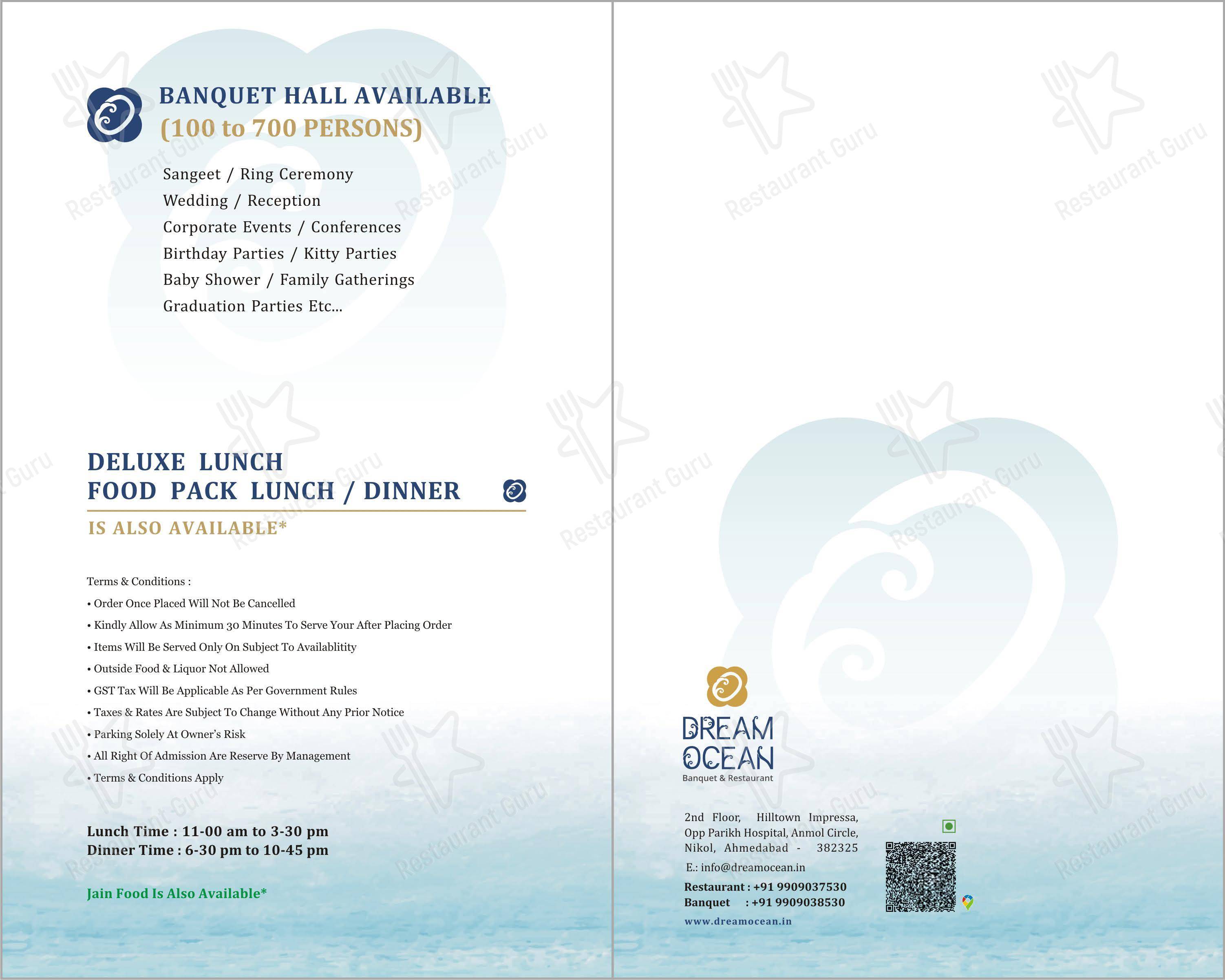 Dream Ocean banquet and restaurant in Ahmedabad - Menu