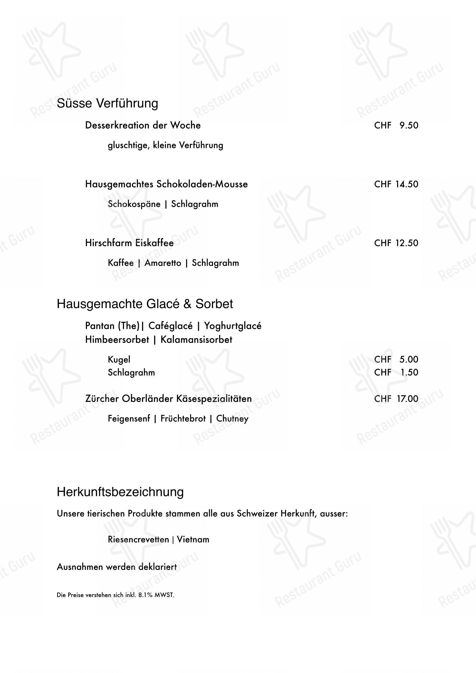 Menu per Hirschfarm Restaurant ristorante