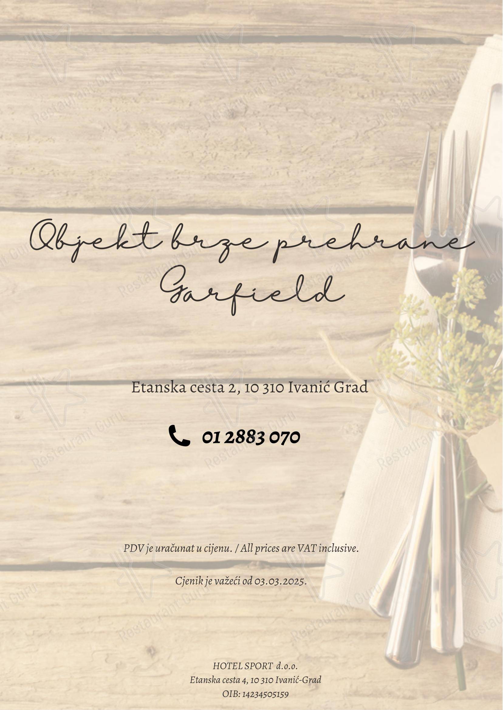 菜单 per Izletiste Petek / Restoran Garfield ristorante