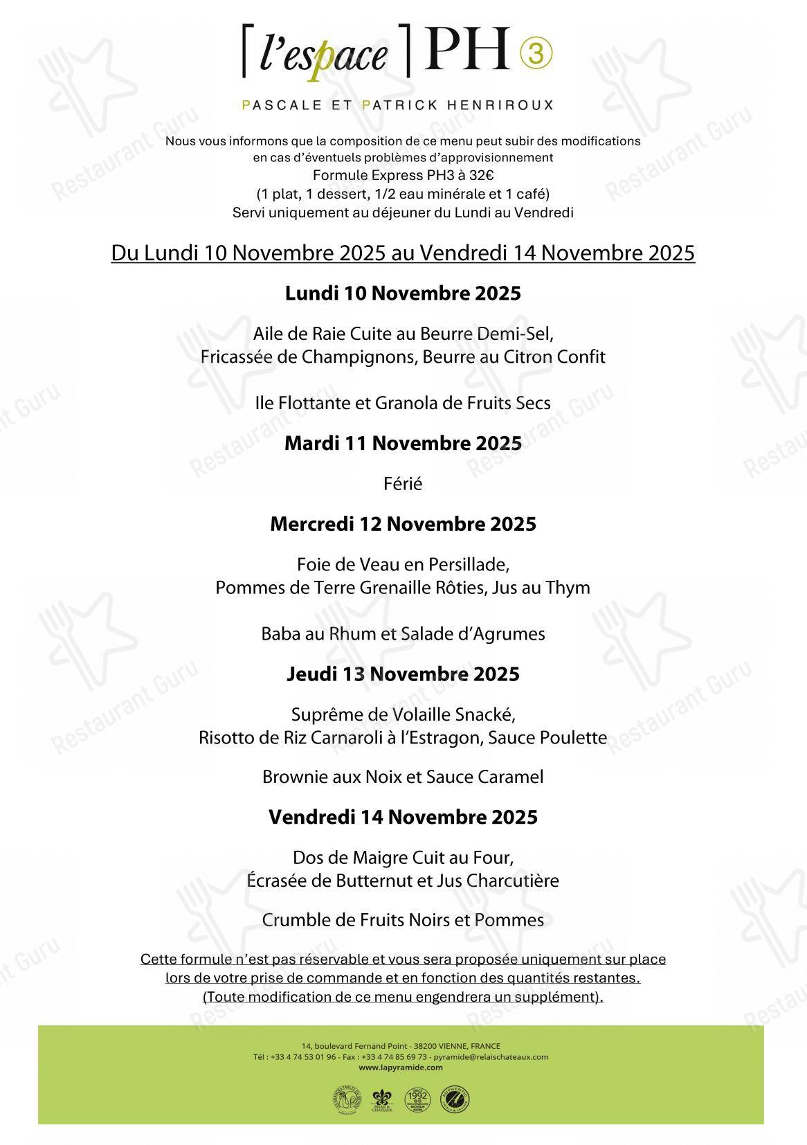 Dinner Menu pour La Pyramide - Hôtel Restaurant (Isère) restaurant