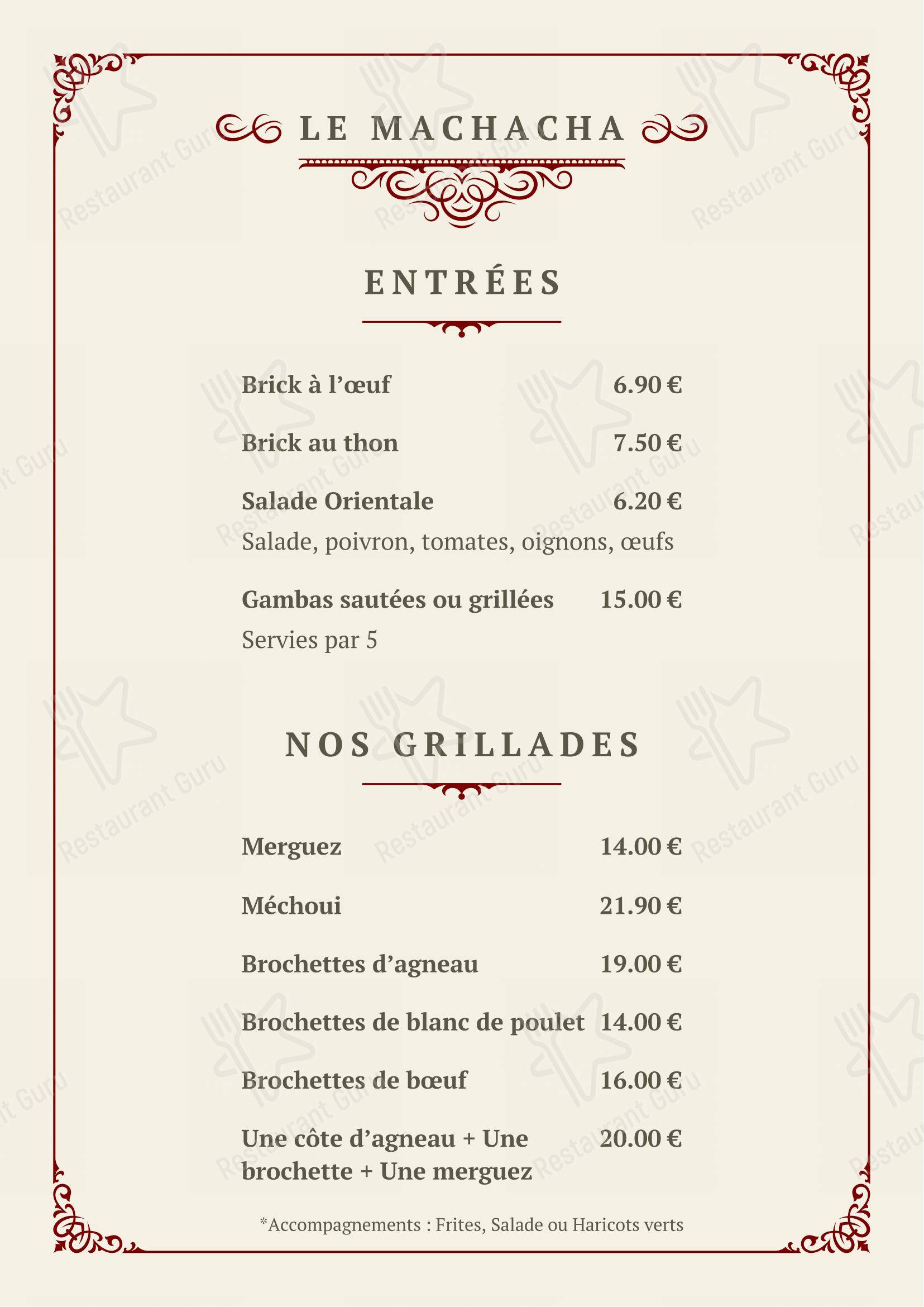 Menu pour Le Machacha - Menu