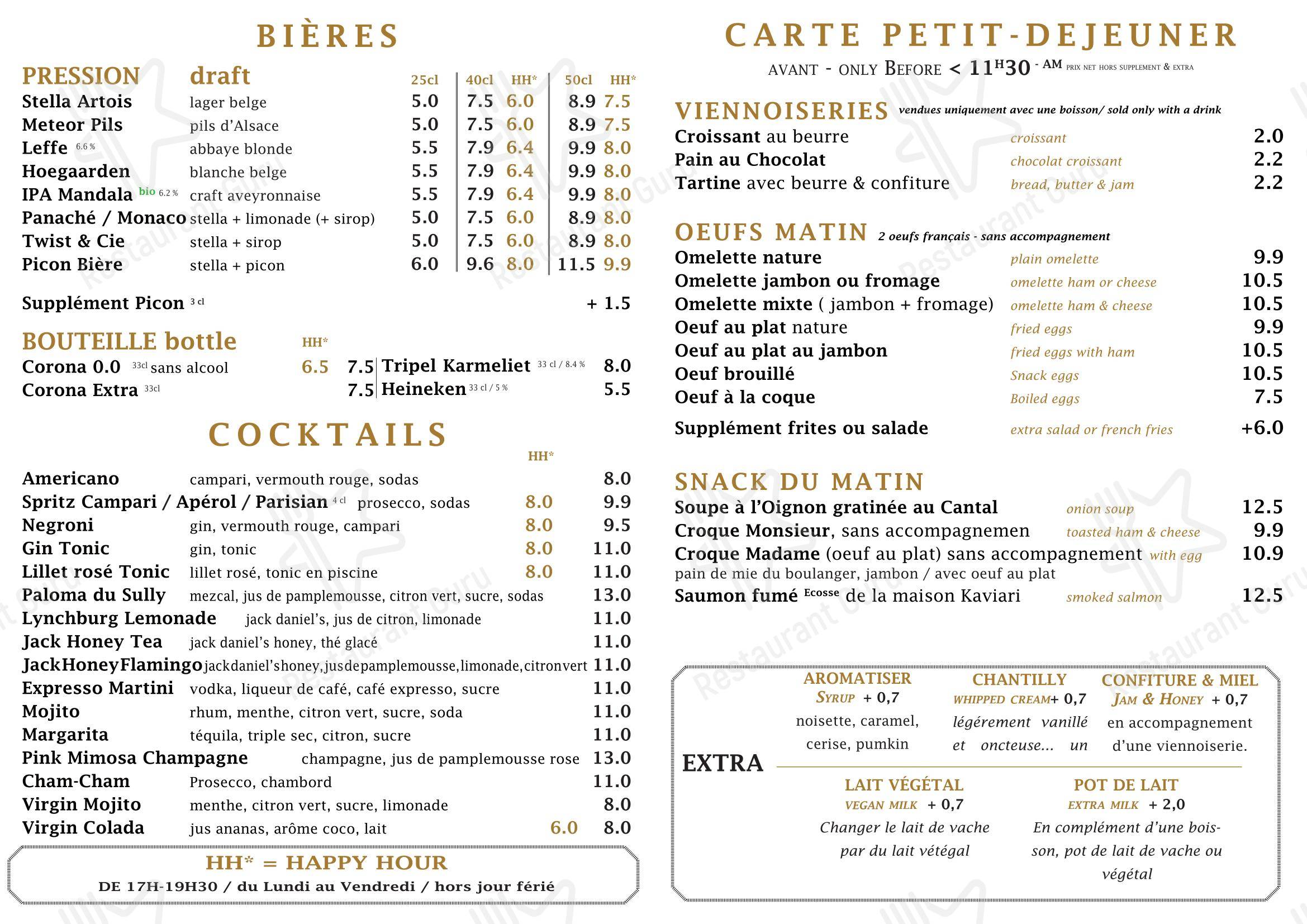 Menu pour Le Sully dans Paris