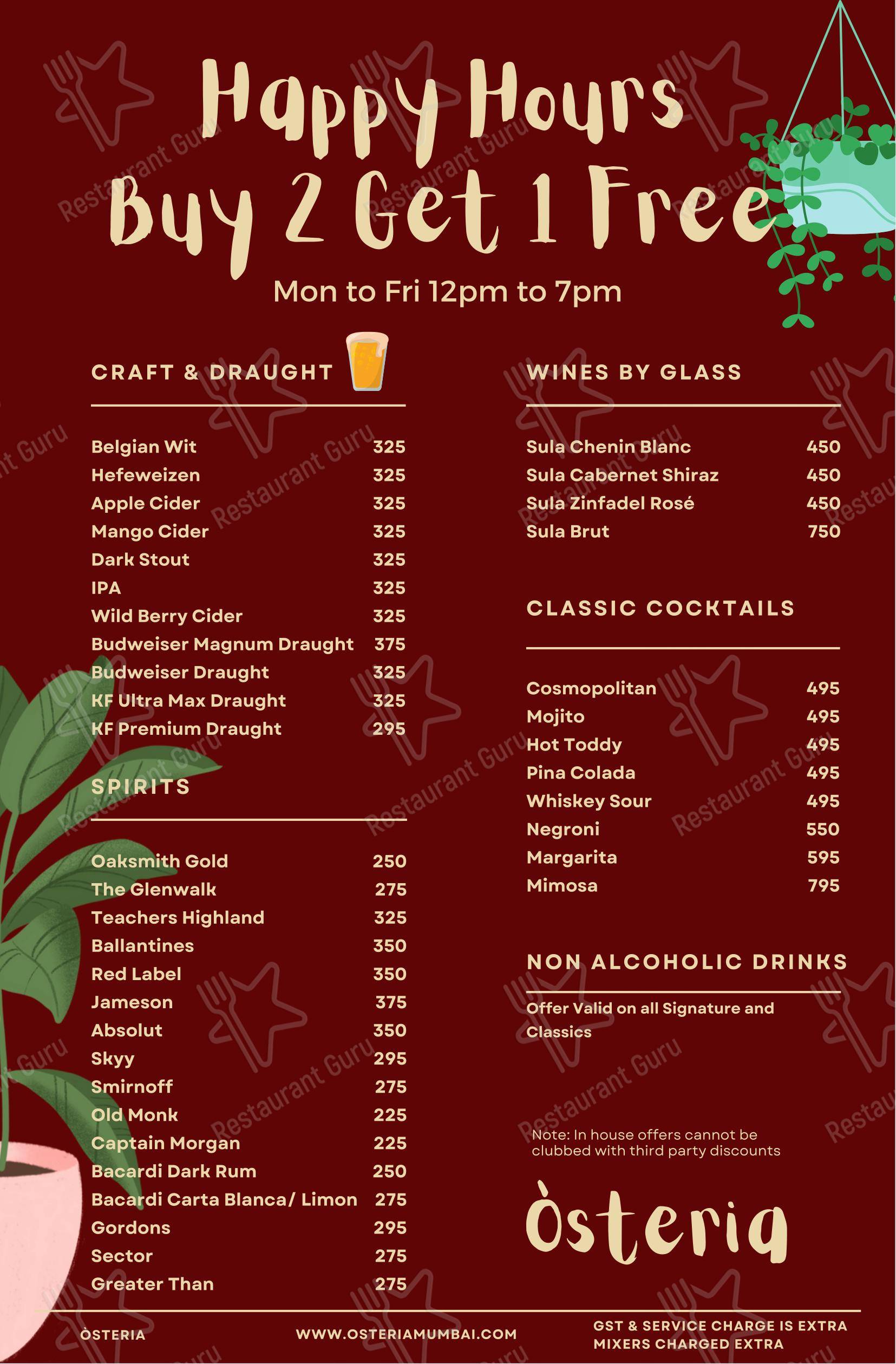 Òsteria in Mumbai - Menu bar