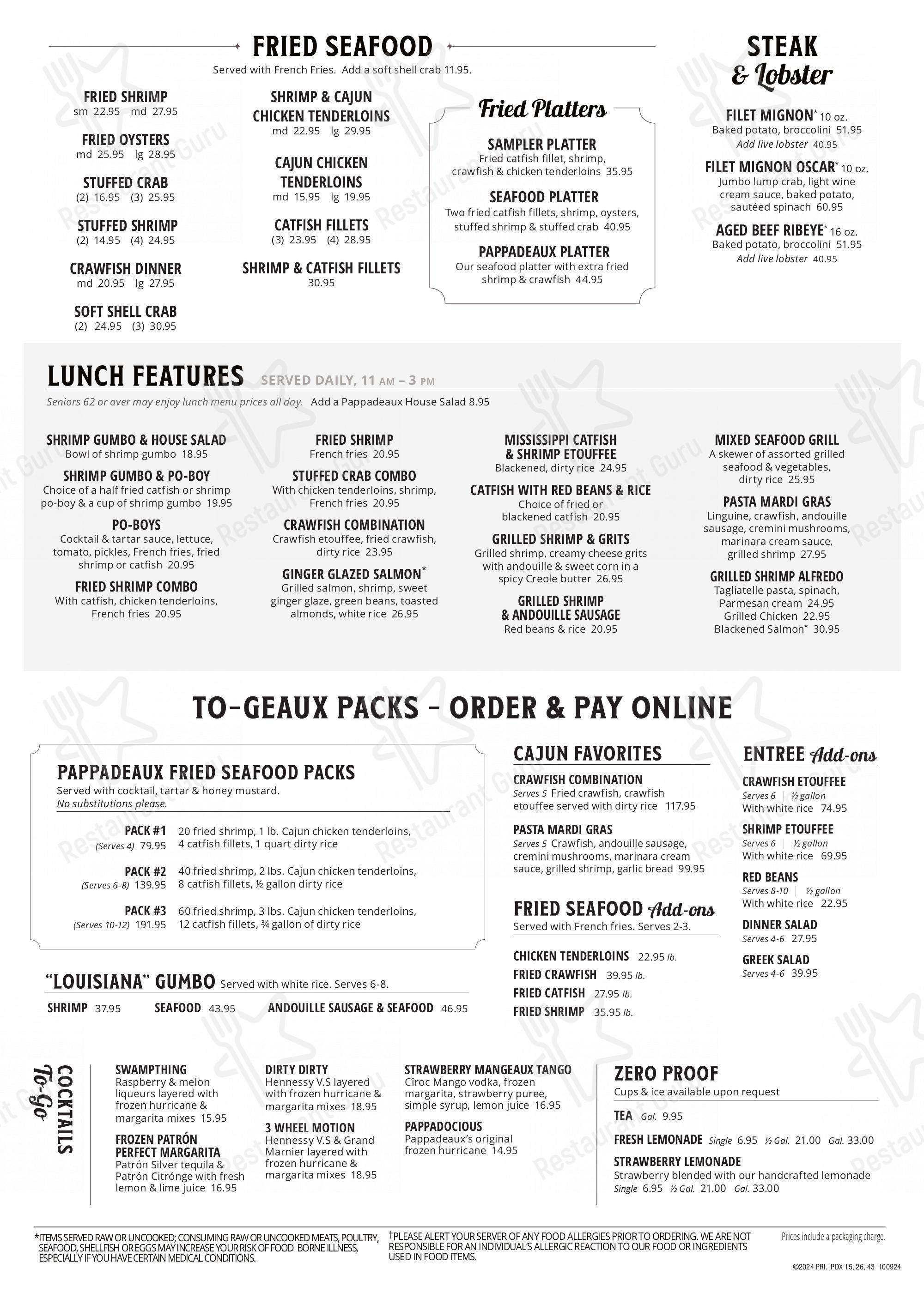 Carta del restaurante Pappadeaux Seafood Kitchen, Marietta, Windy Hill ...