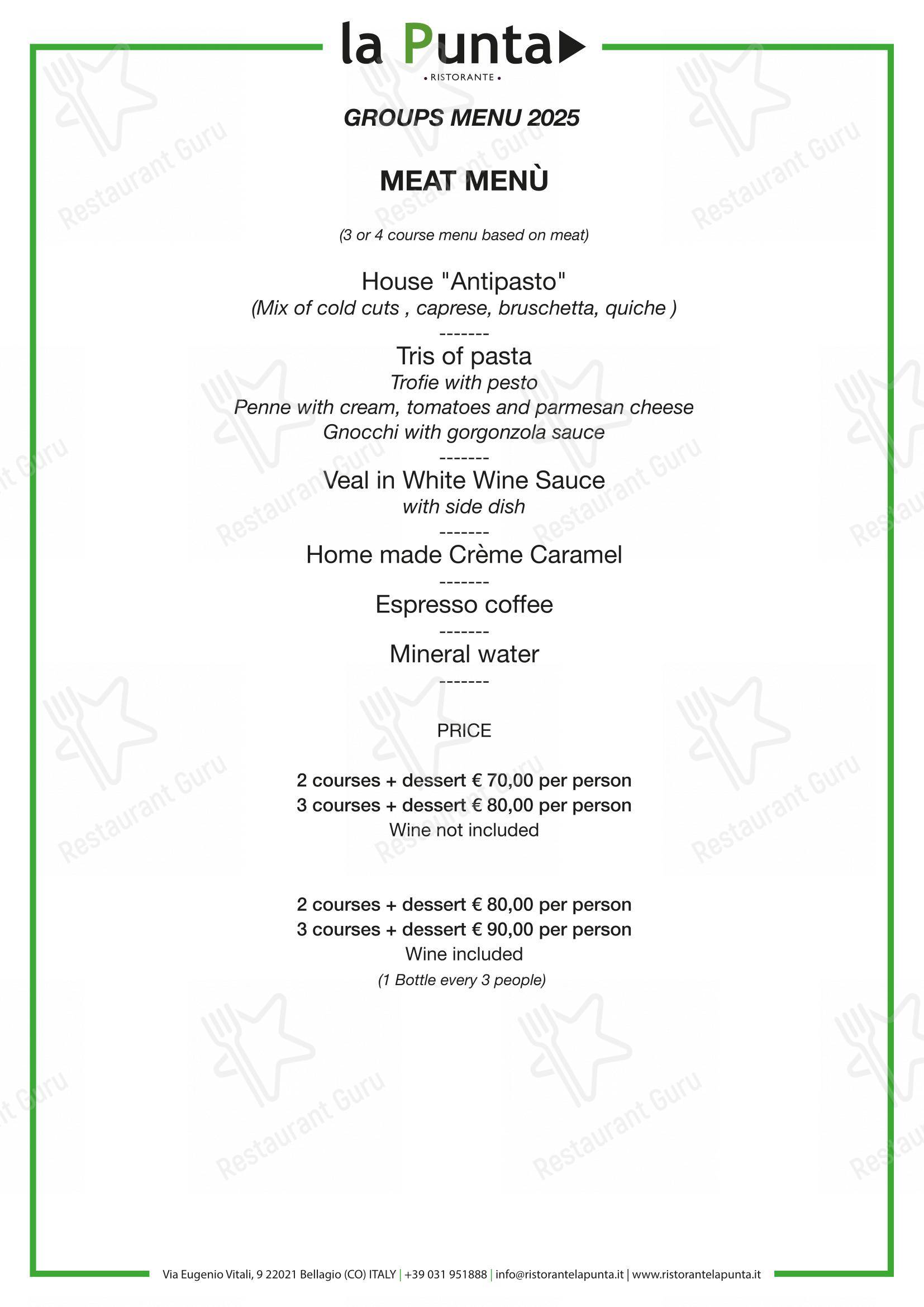 Основное меню per Ristorante La Punta in Bellagio