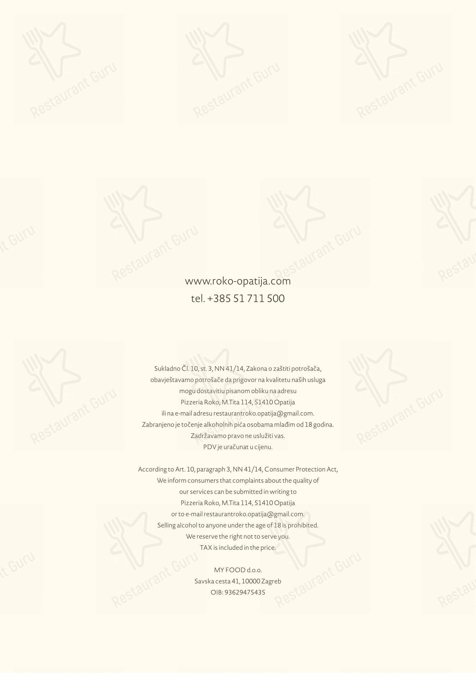Menu bar per Roko ristorante