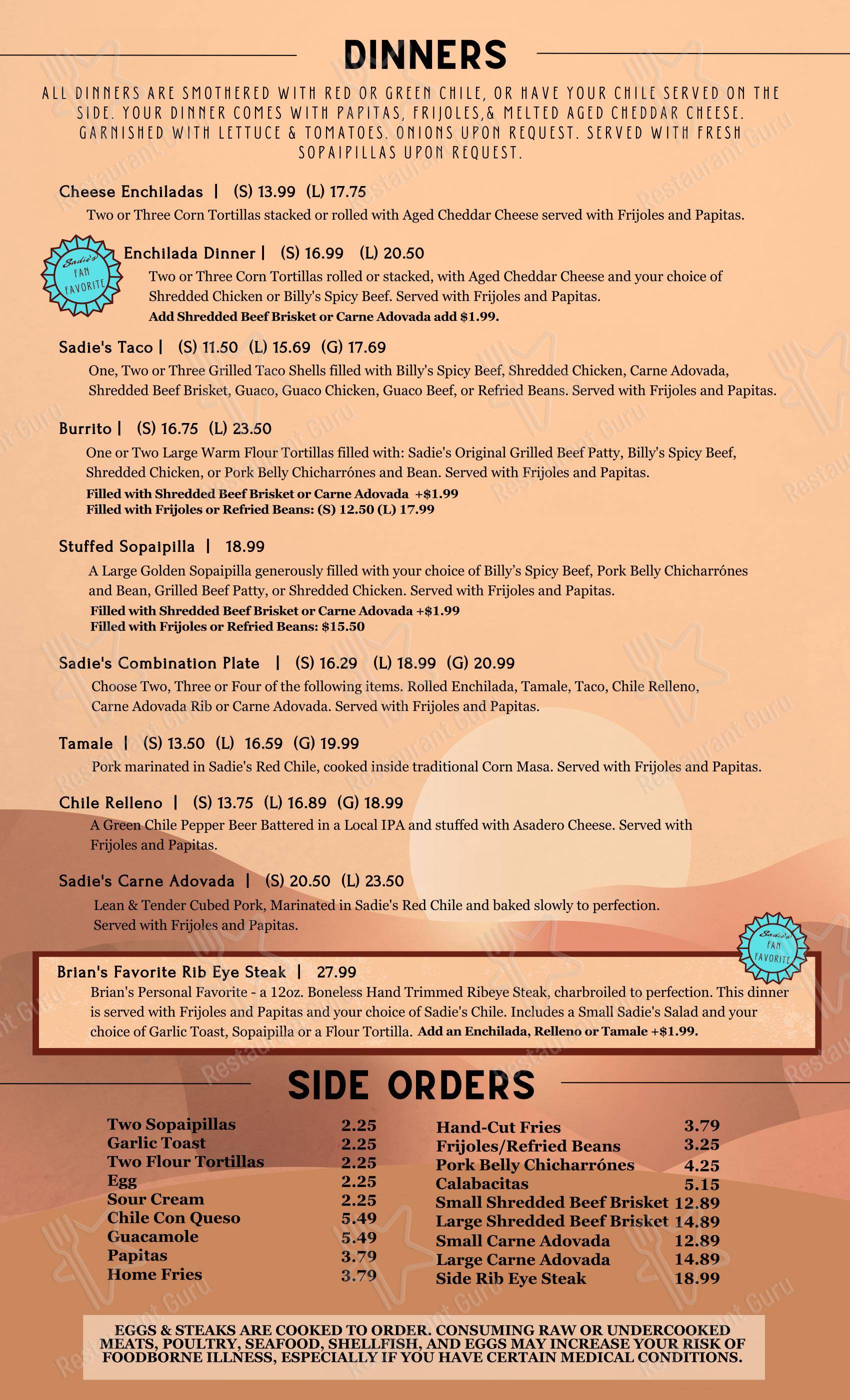 Menu at Sadie's of New Mexico restaurant, Los Ranchos de Albuquerque ...
