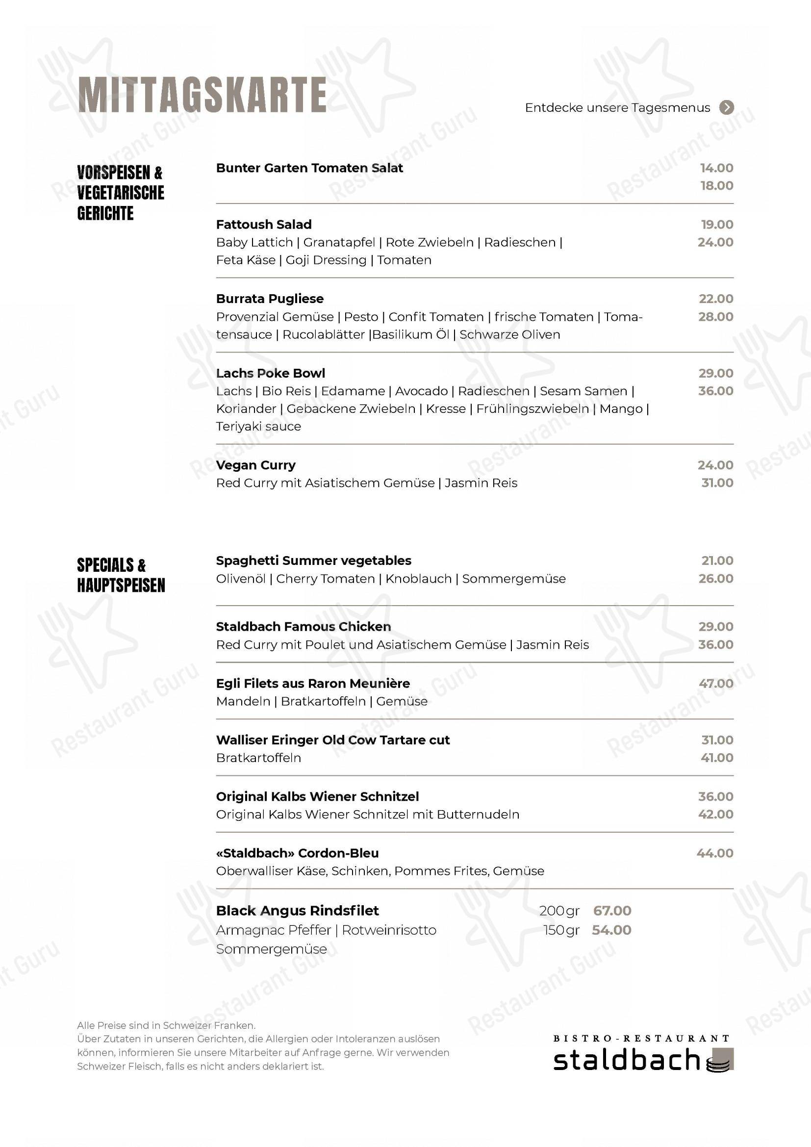 Menu pour Staldbach restaurant
