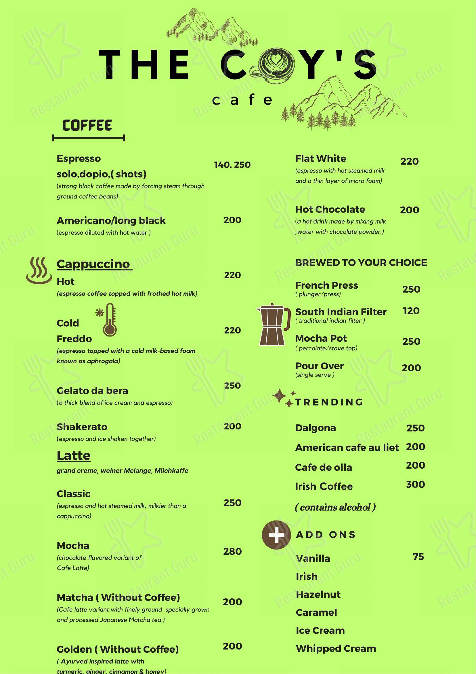 Menu for The Coy's cafe in Palampur