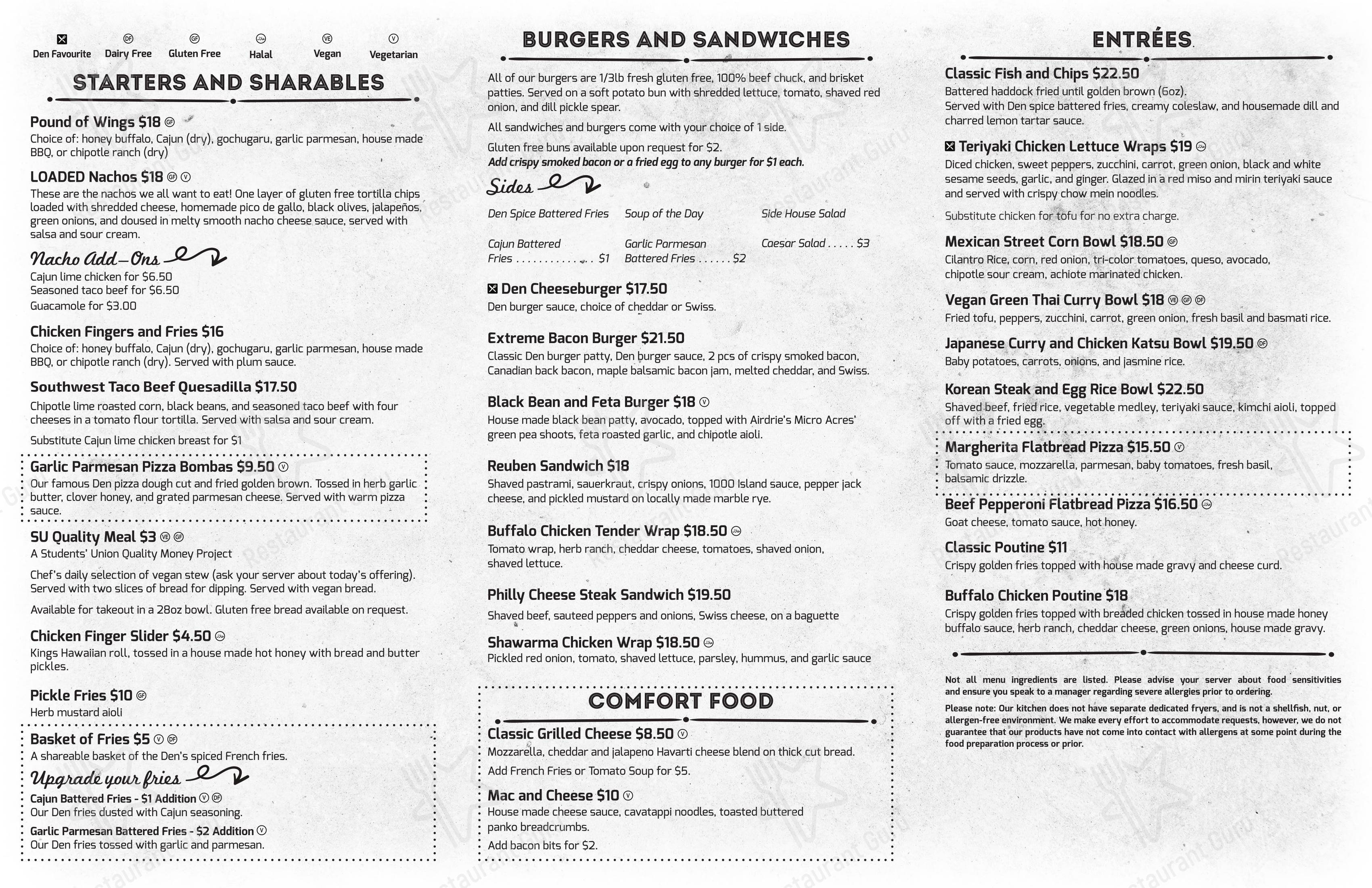 Menu pour The Den dans Calgary