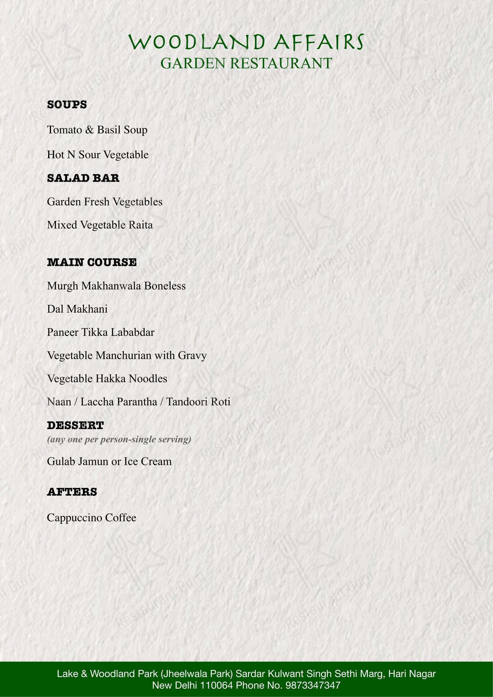 菜单 for the Woodland Affairs restaurant