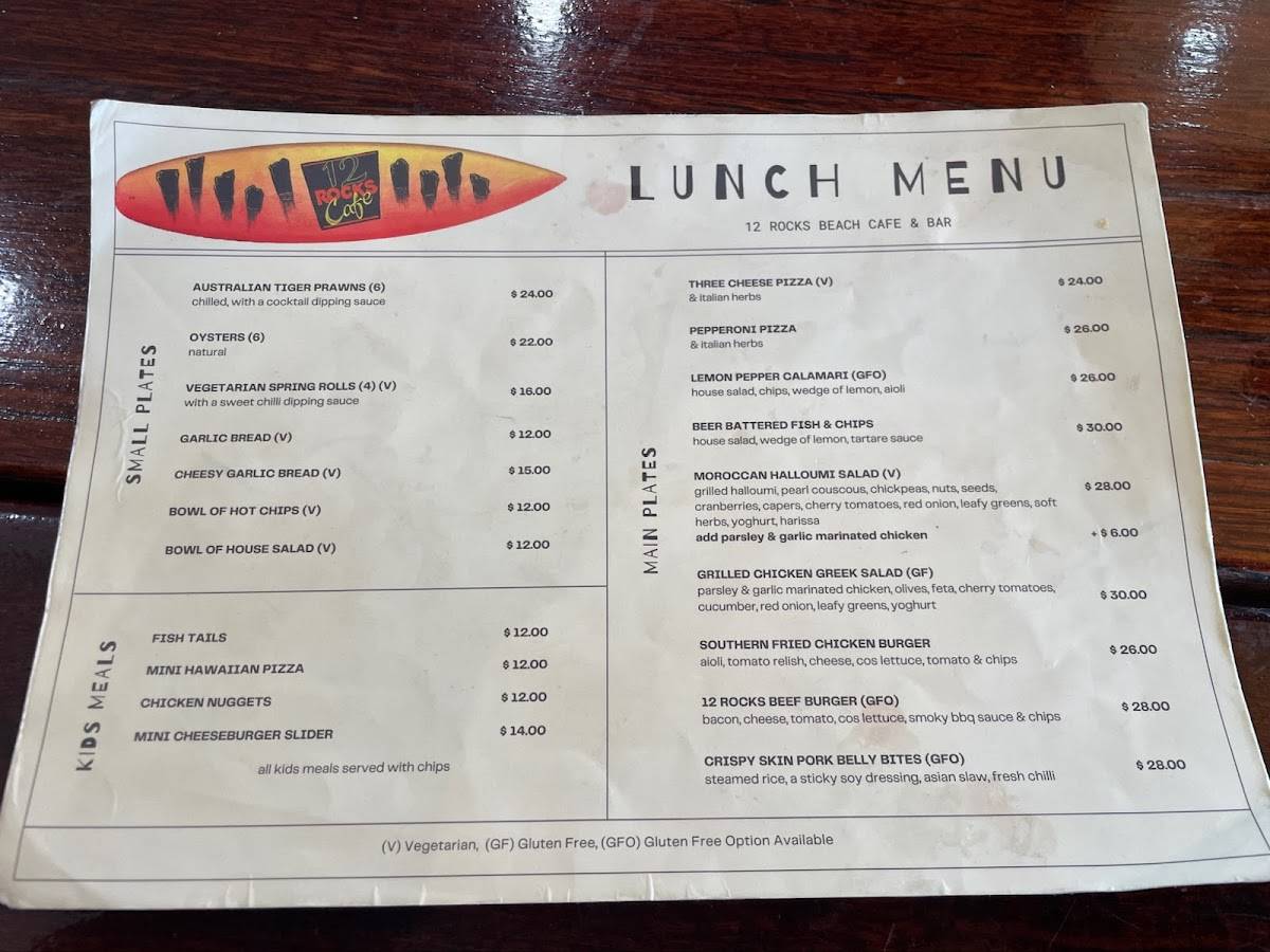 Menu at 12 Rocks Beach Bar Cafe, Port Campbell