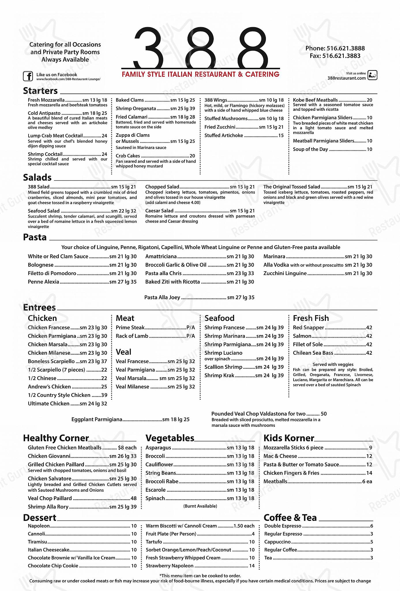 Menu at 388 restaurant, Roslyn Heights