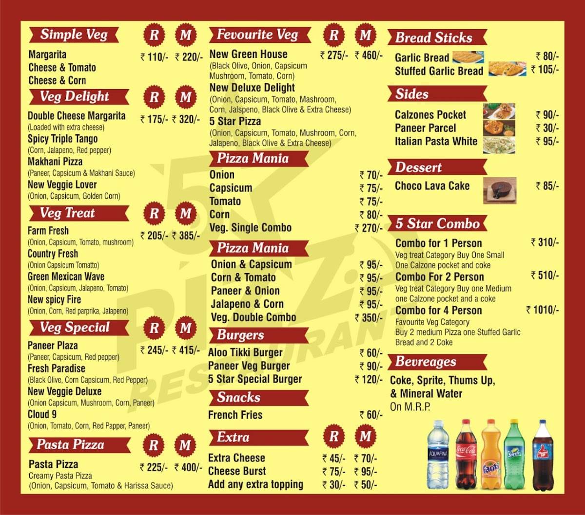 5 star Pizza Restaurant menu