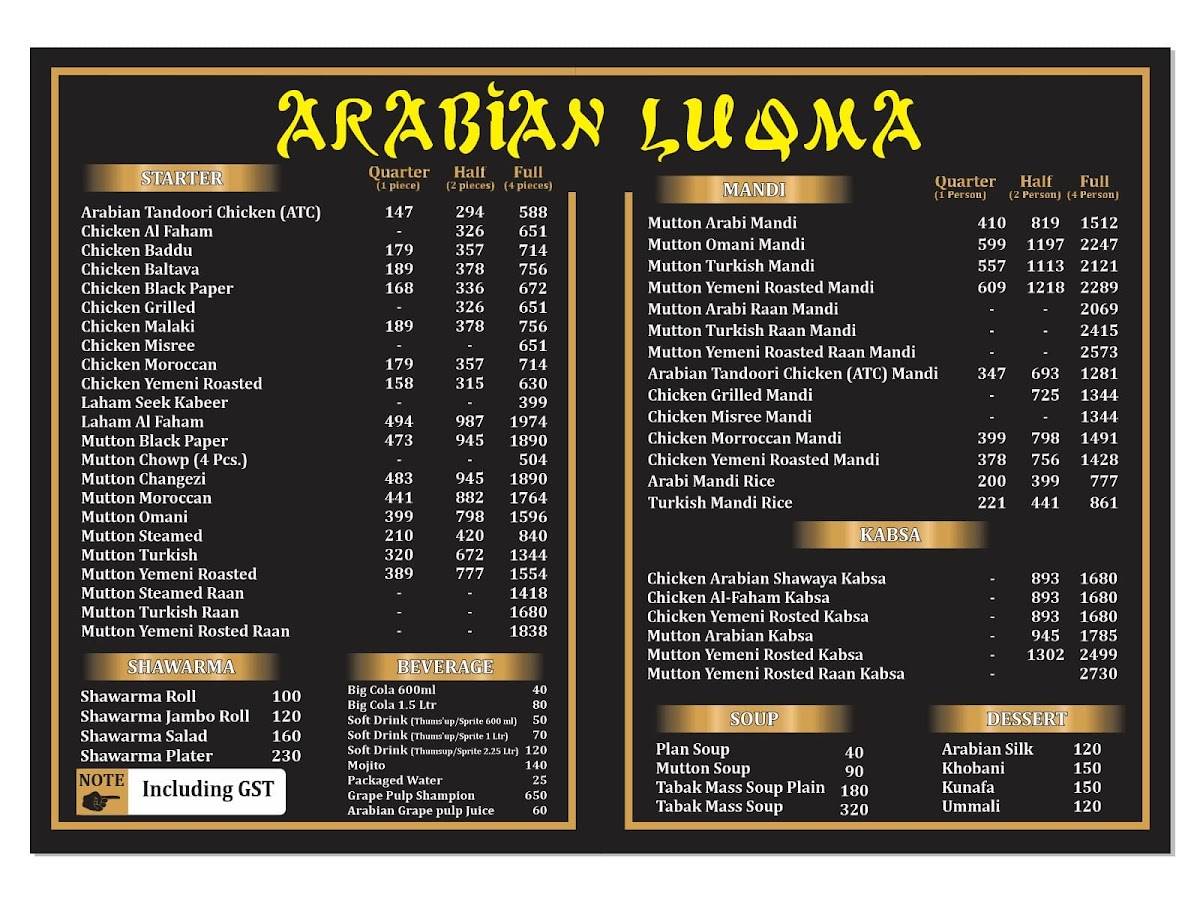 Arabian Luqma menu