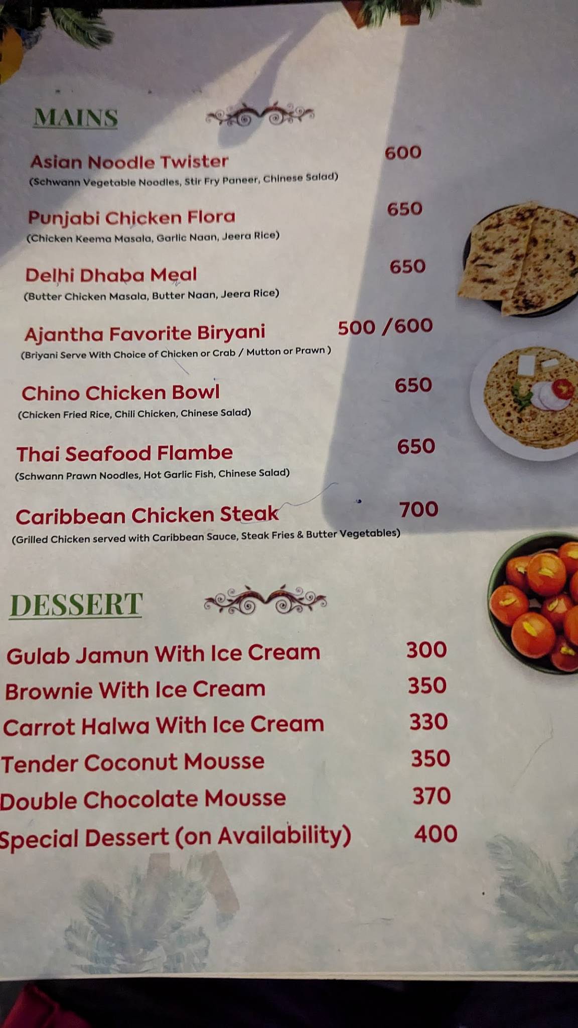 Ajantha Rooftop Restaurant menu
