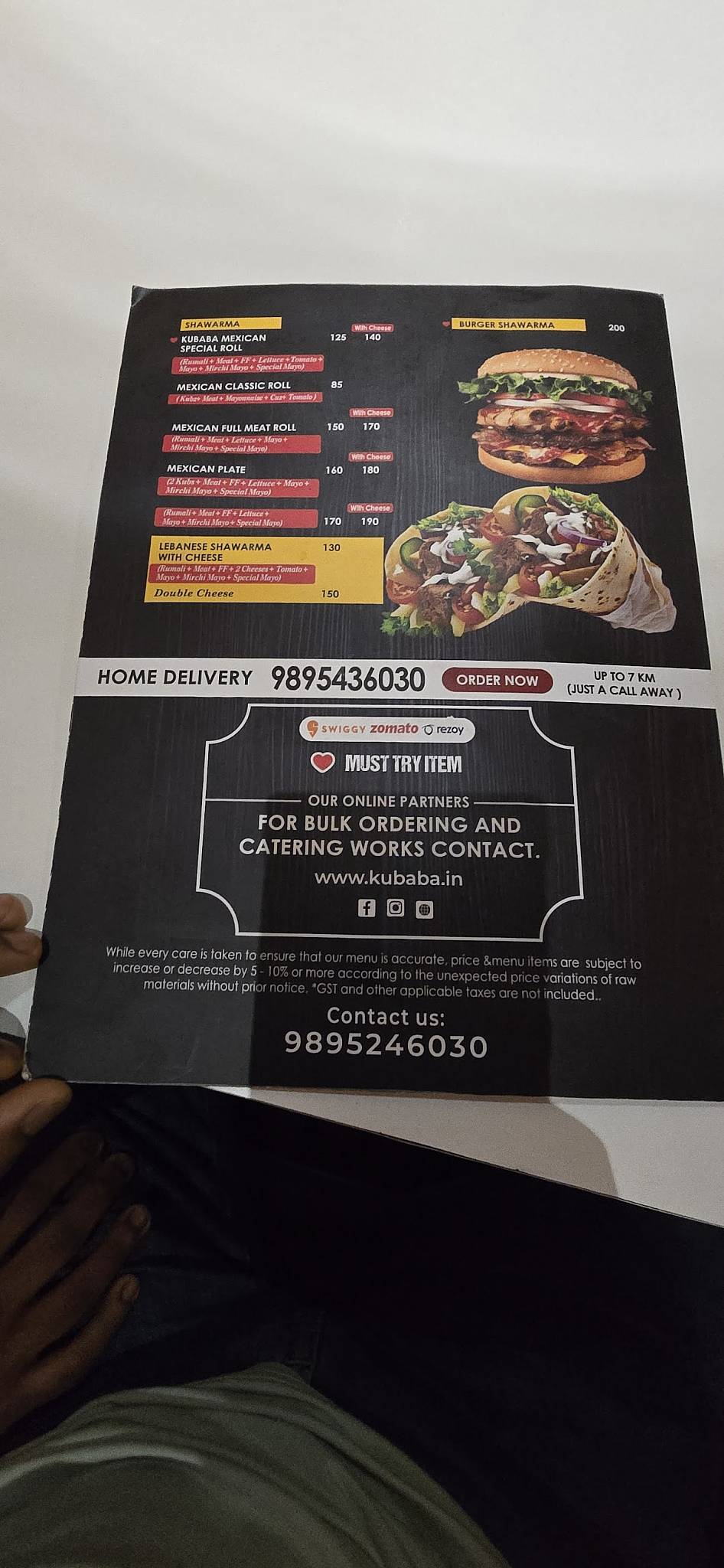 Kubaba Food Park menu