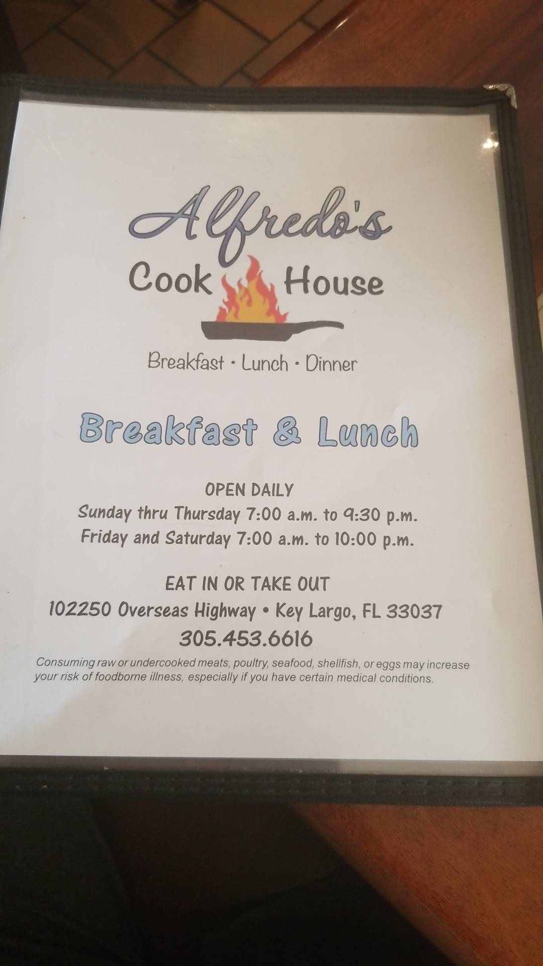 Menu at Alfredo's Cookhouse restaurant, Key Largo