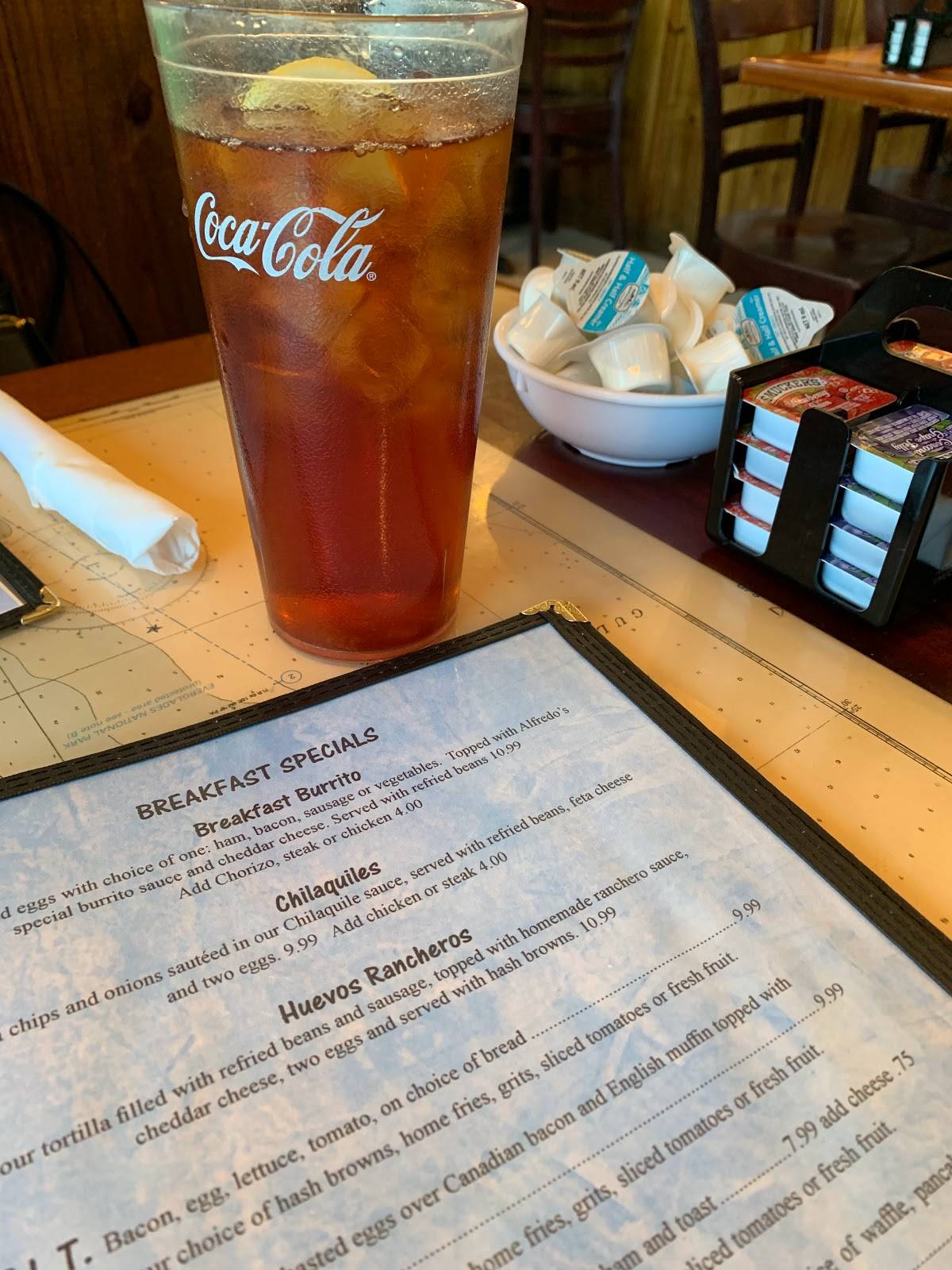 Menu at Alfredo's Cookhouse restaurant, Key Largo