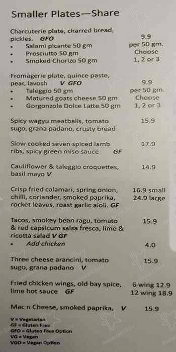 All Nations Hotel menu