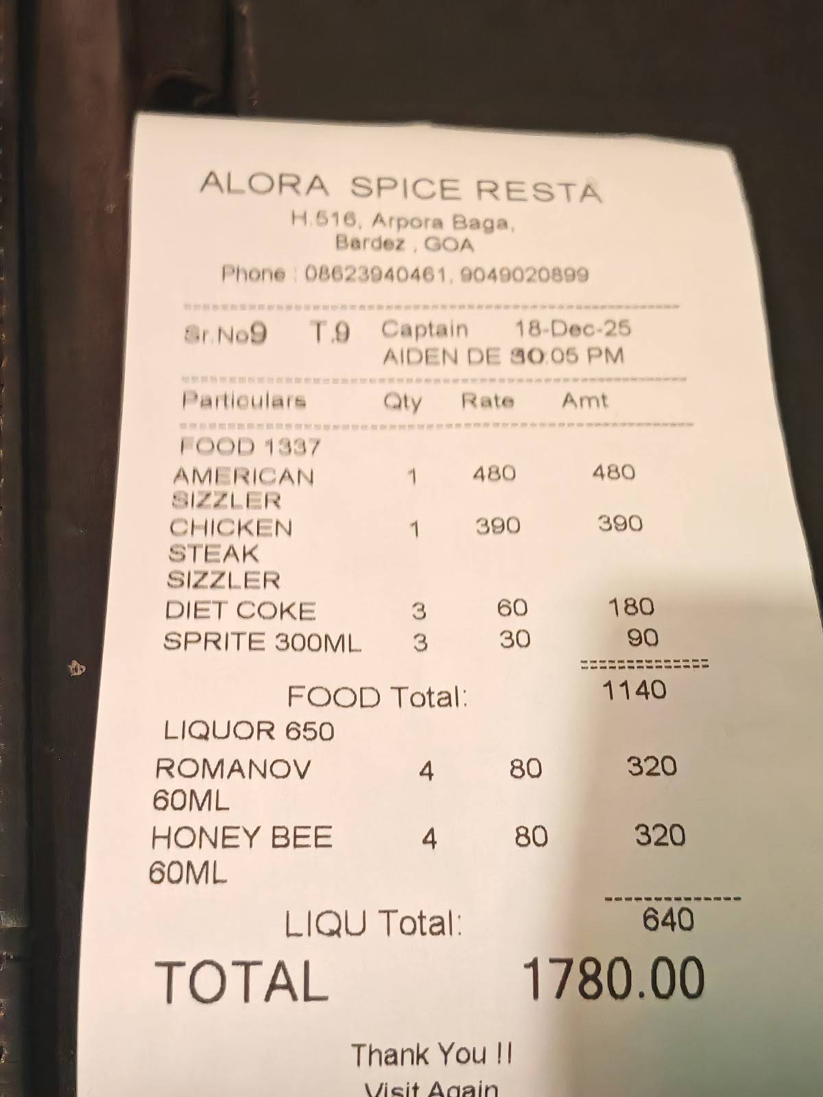 Alora Spice menu
