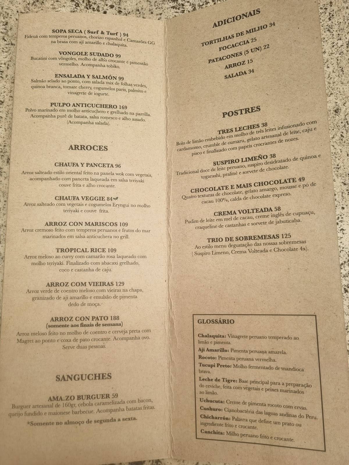 Amazo Cozinha Peruana - Campos Elíseos cardápio